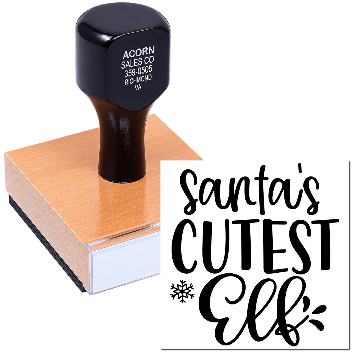 Custom rubber stamp with Santas Cutest Elf design for holiday crafts, gift packaging, and festive branding.