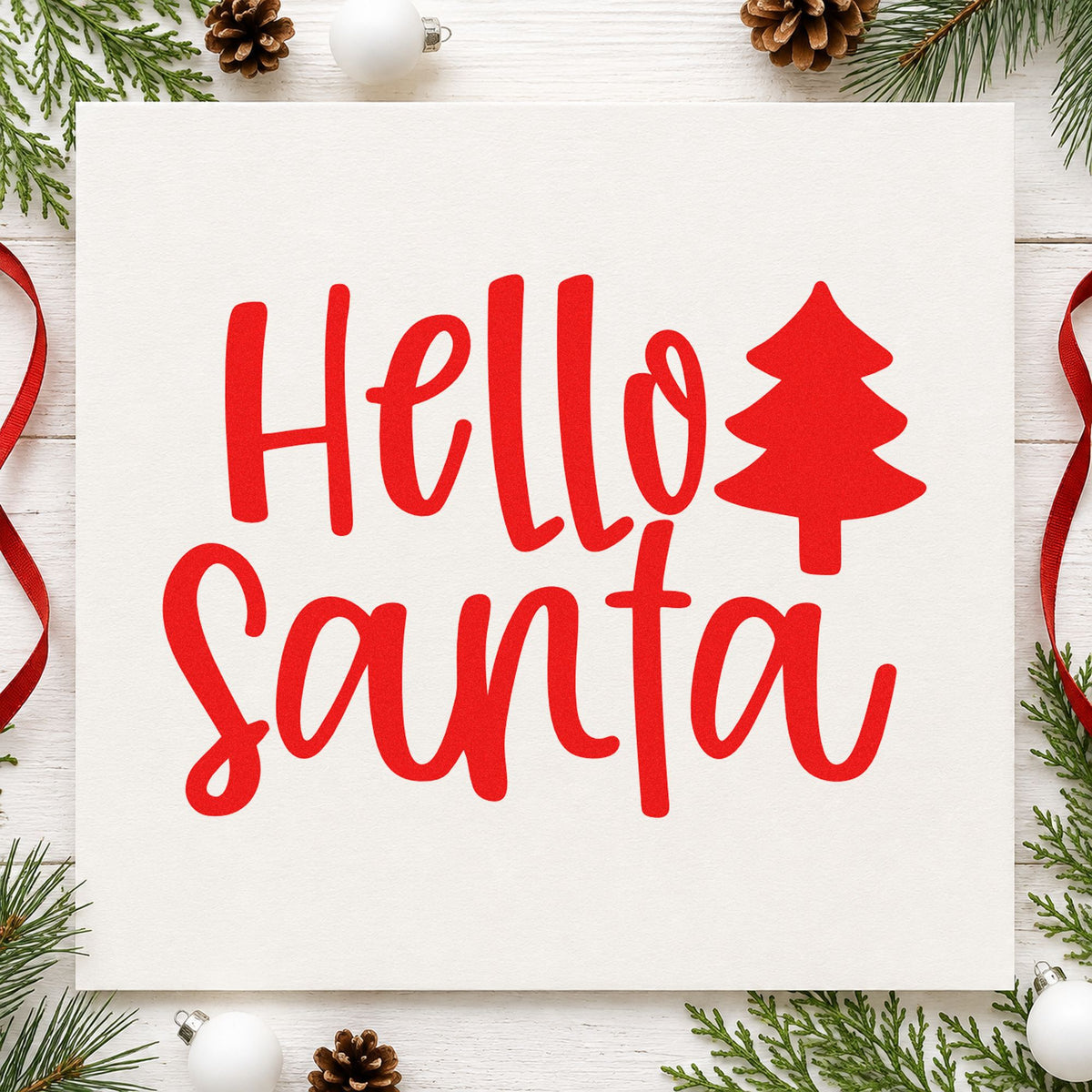 Hello Santa With Tree craft stamp in red ink on cardstock, an easy option for felt tree printing.