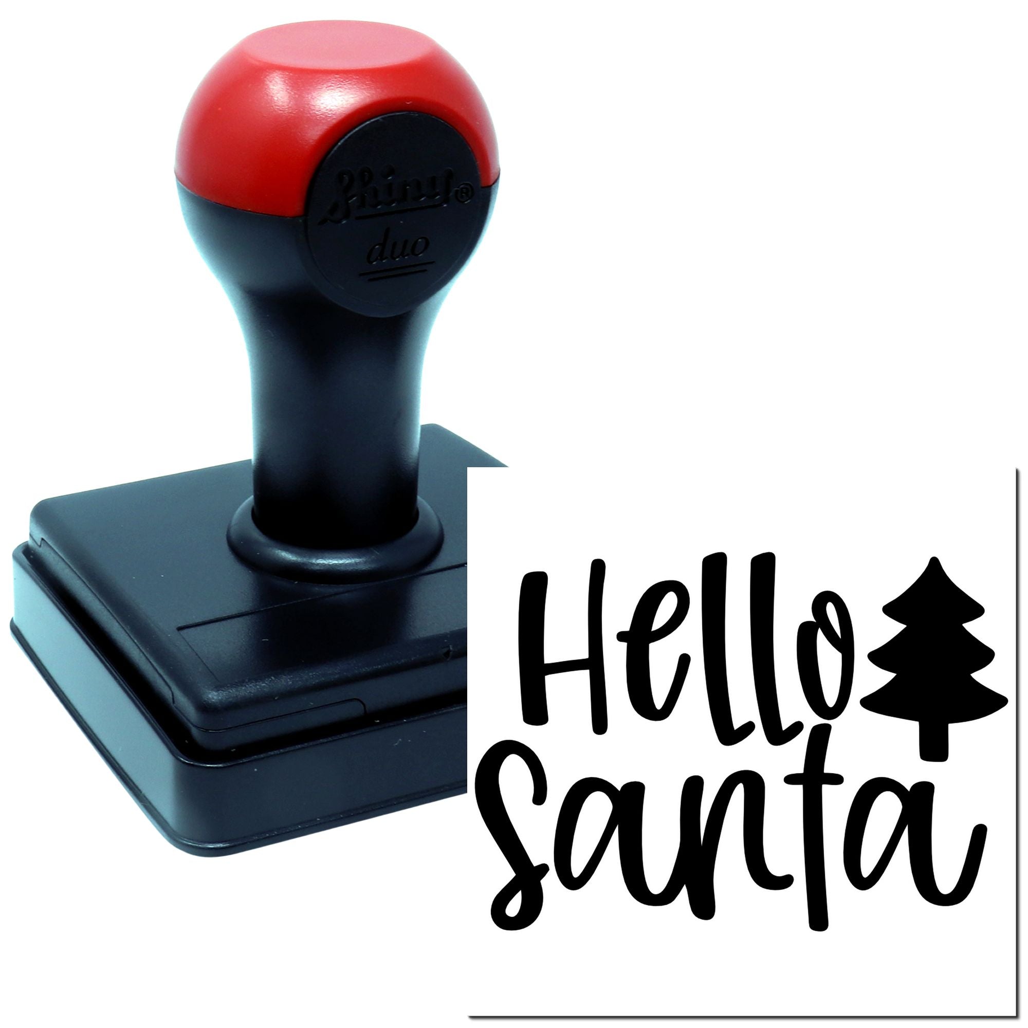 Custom self-inking rubber stamp with Hello Santa and Christmas tree design for festive holiday cards and crafts.
