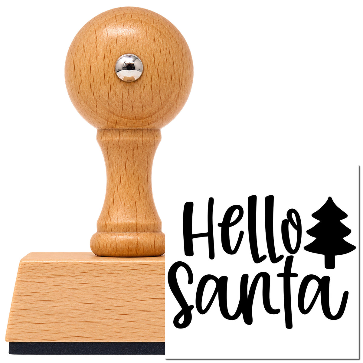Hello Santa With Tree Vintage Pro rubber stamp in European beech wood with a round knob handle, shown beside its black imprint.