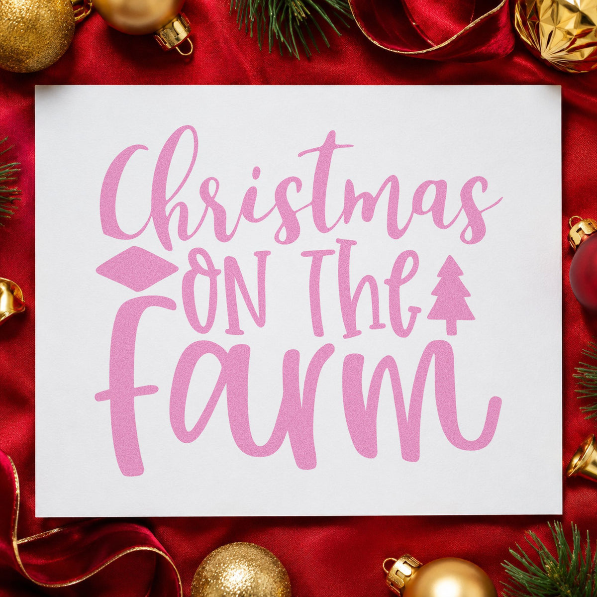 Christmas On The Farm craft stamp in purple ink on cardstock, an easy option for barnyard album page.