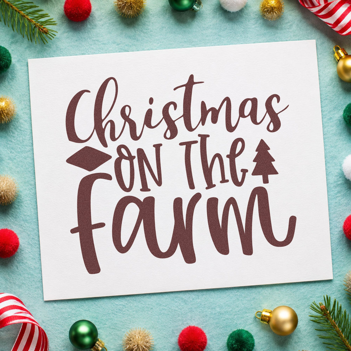 Christmas On The Farm rubber stamp printed in brown ink, ready for chore round sheet and similar paper crafts.