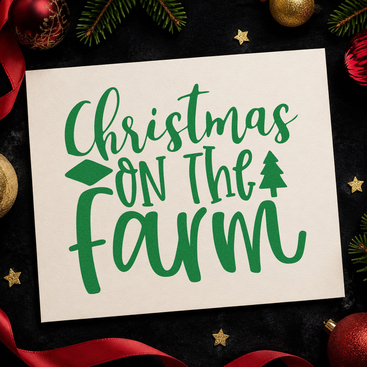 Christmas On The Farm craft stamp imprint in green ink on a handmade project, one idea being farm stand cards.