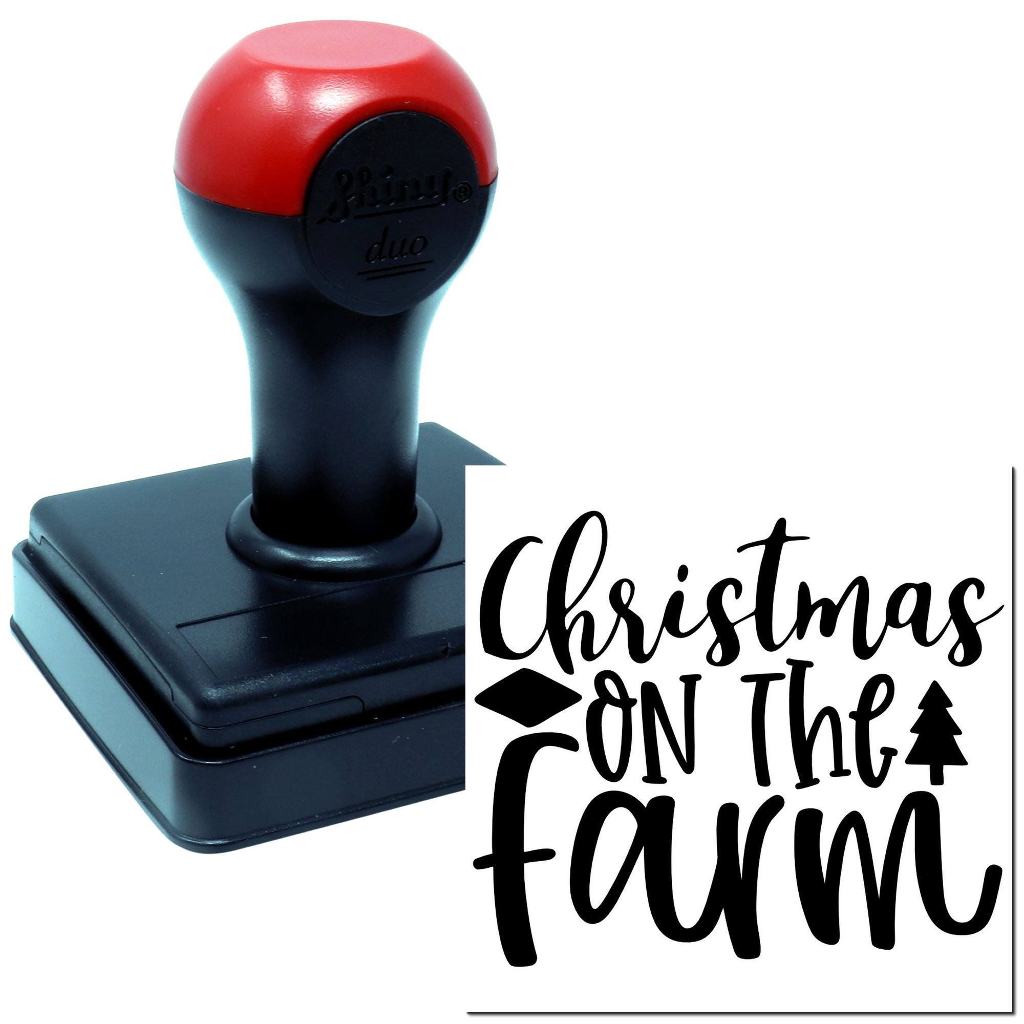 Christmas on the Farm self-inking rubber stamp for holiday cards, featuring rustic farmhouse lettering and festive tree accents.