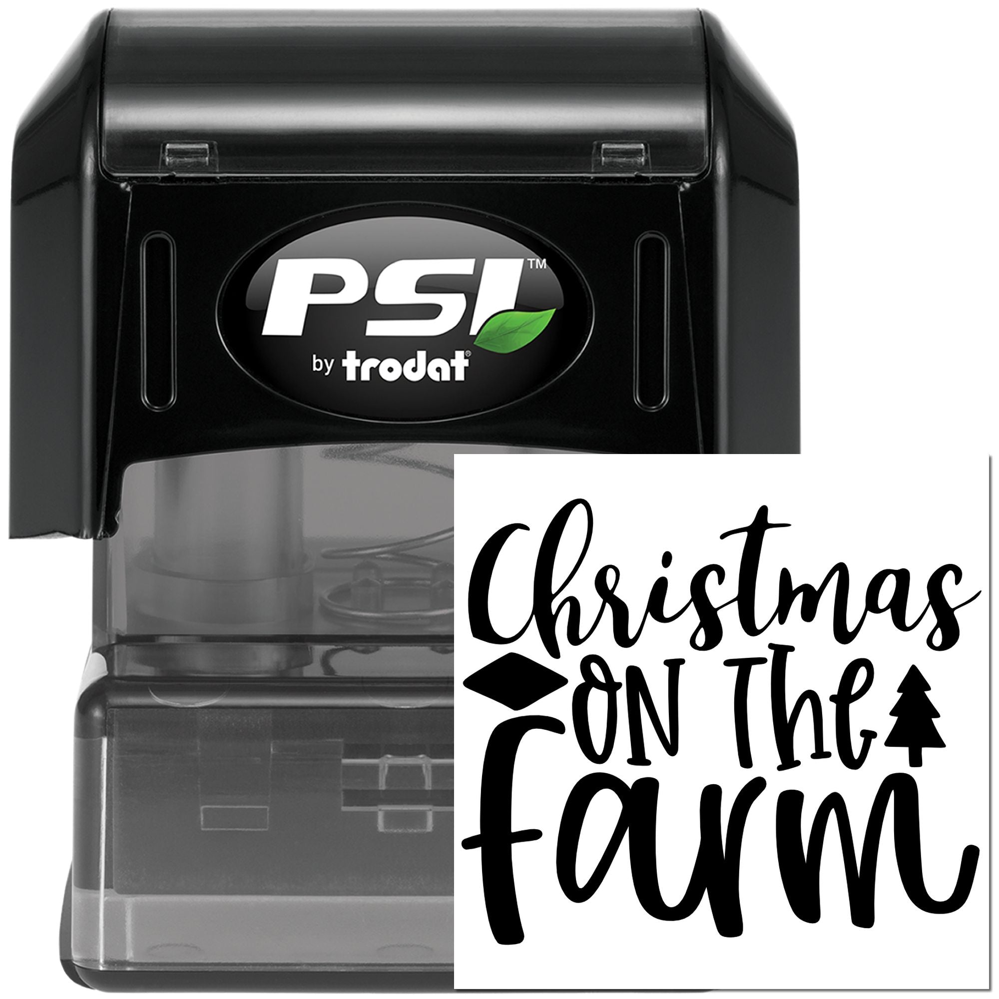 PSI by Trodat self-inking rubber stamp with Christmas on the Farm design for farmhouse holiday cards, labels, and crafts.