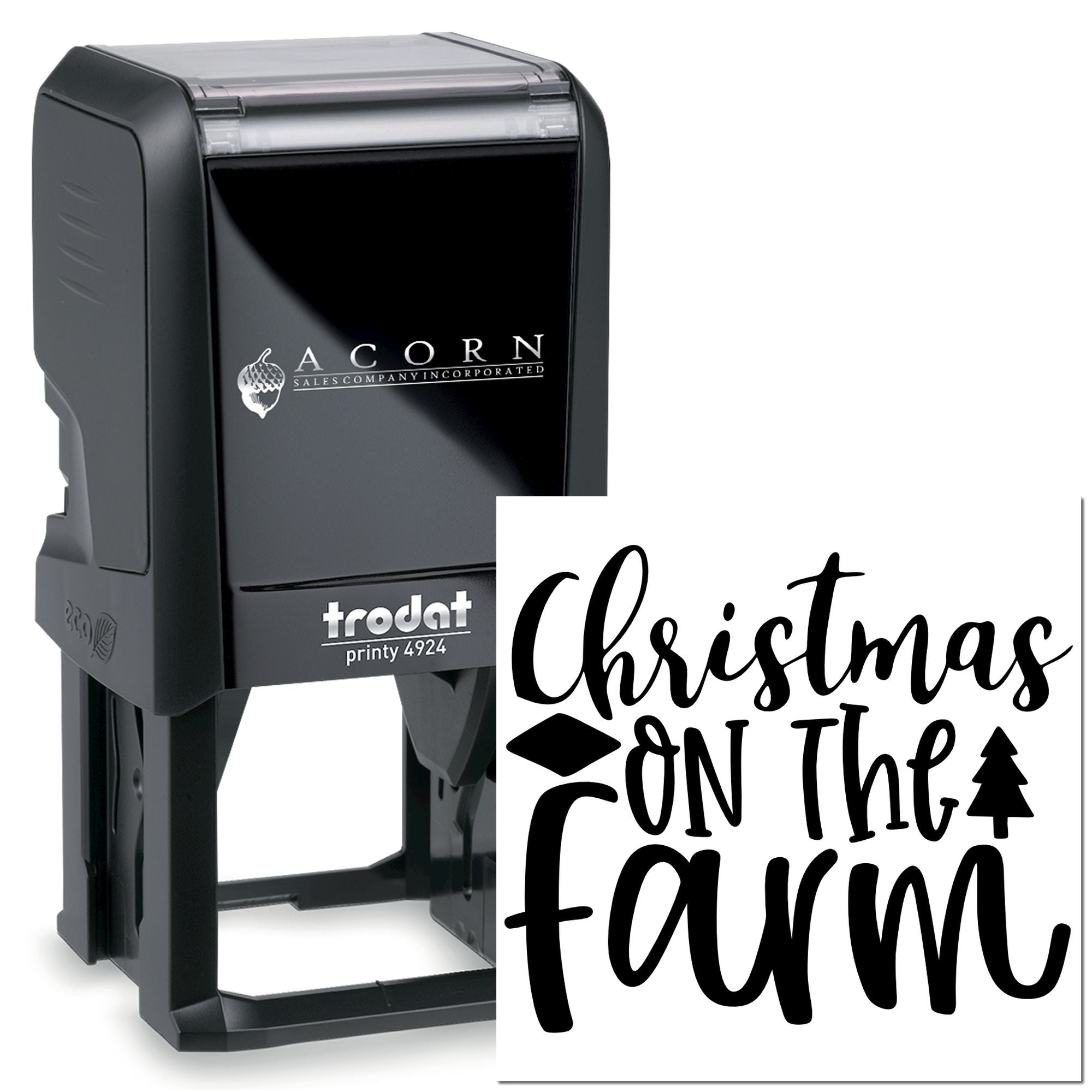 Custom self-inking rubber stamp with Christmas on the Farm design, Trodat Printy 4924 for holiday farm branding.