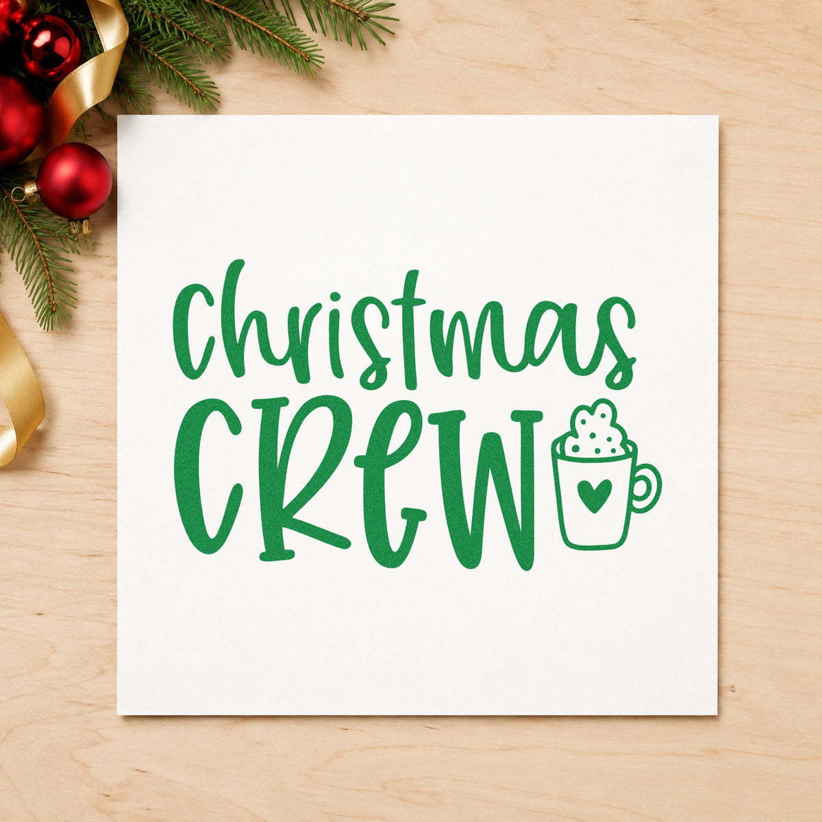 Christmas Crew Cocoa Mug craft stamp imprint in green ink on a handmade project, one idea being mug set gift tags.