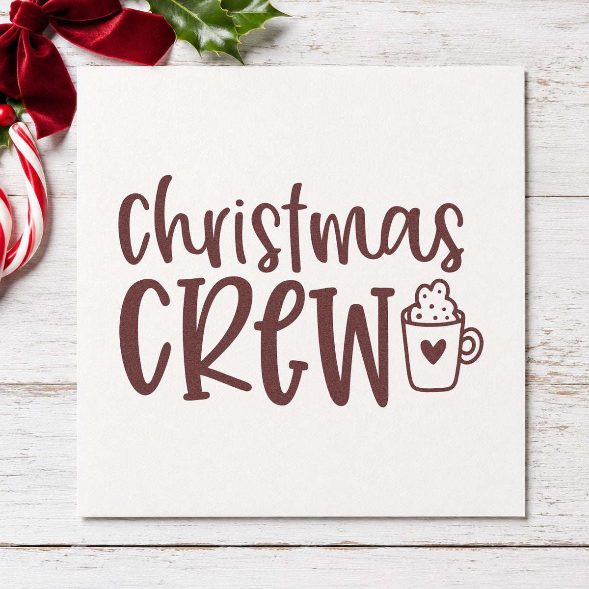 Christmas Crew Cocoa Mug rubber stamp printed in brown ink, ready for hangout plan sheet and similar paper crafts.