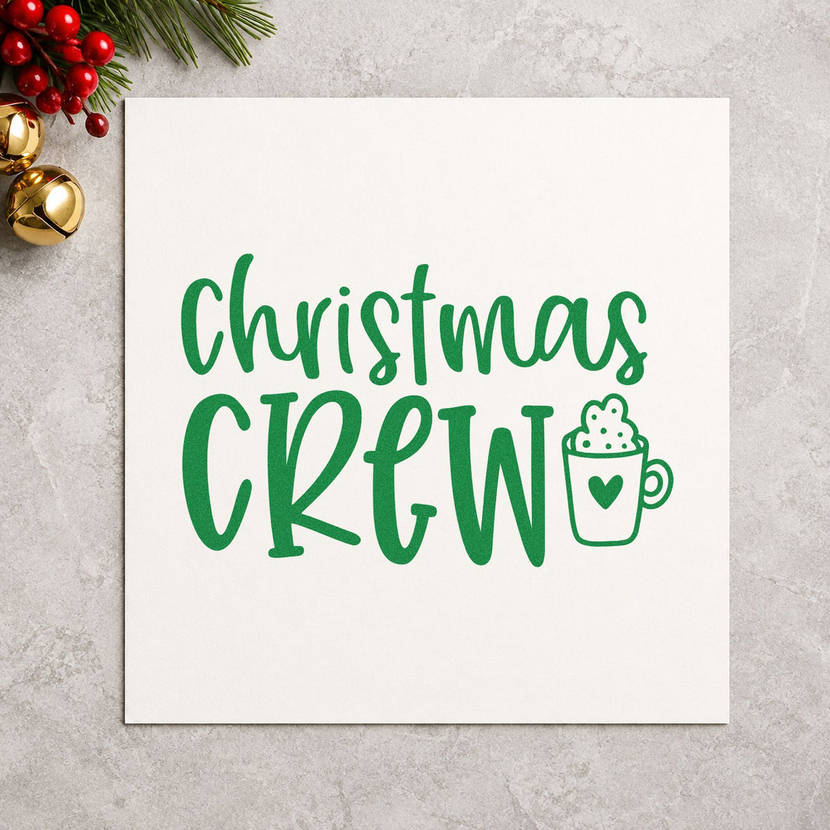 Christmas Crew Cocoa Mug craft stamp imprinted in green ink on paper, a design suited to framed living room.