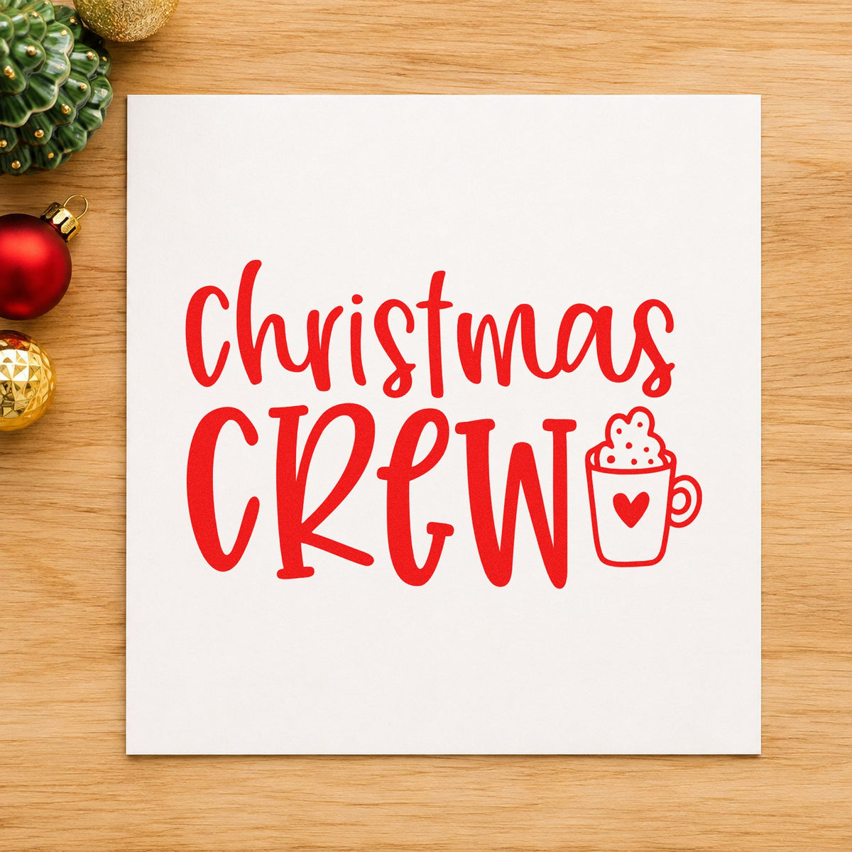 Christmas Crew Cocoa Mug rubber stamp shown in red ink, stamped for projects such as topping jar labels.