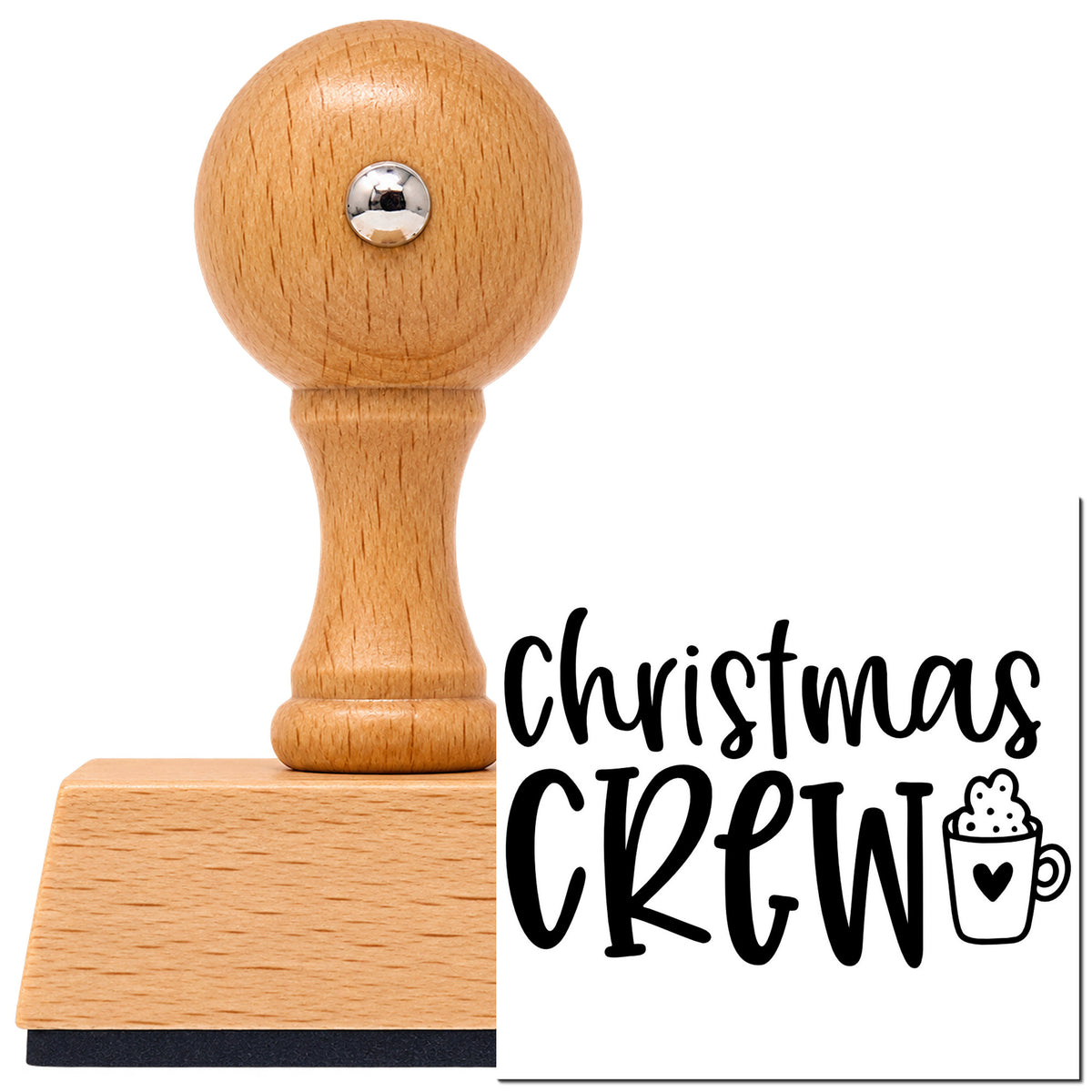 Christmas Crew Cocoa Mug With Hearts Vintage Pro rubber stamp in European beech wood with a round knob handle, shown beside its black imprint.