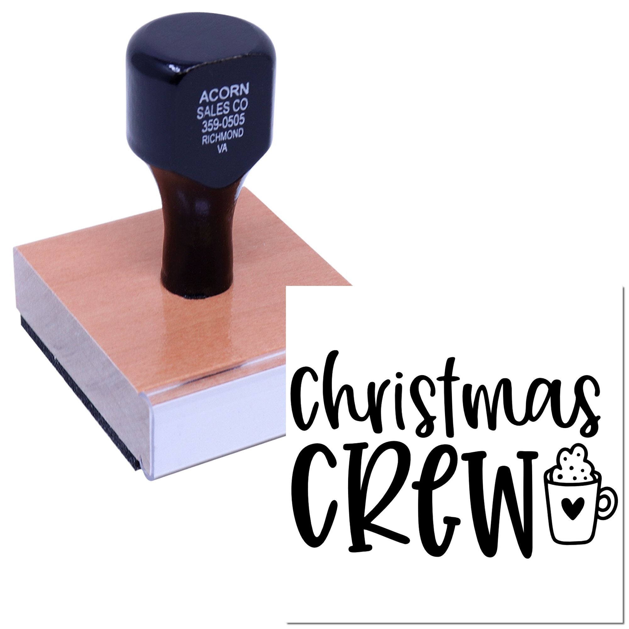 Custom Christmas Crew rubber stamp with festive mug design for holiday cards, gift tags, and packaging.
