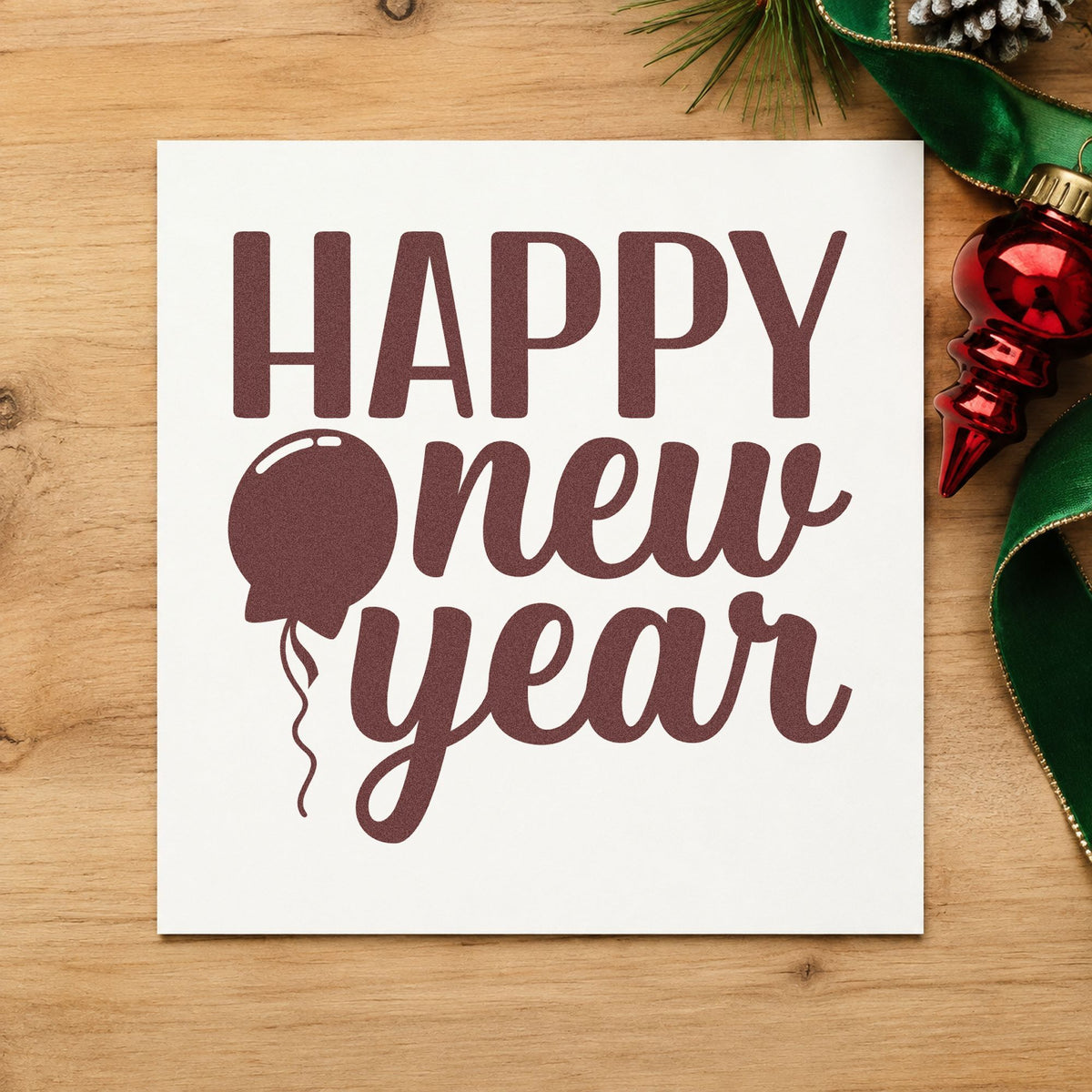 Happy New Year Balloon rubber stamp printed in brown ink, ready for album opening pages and similar paper crafts.