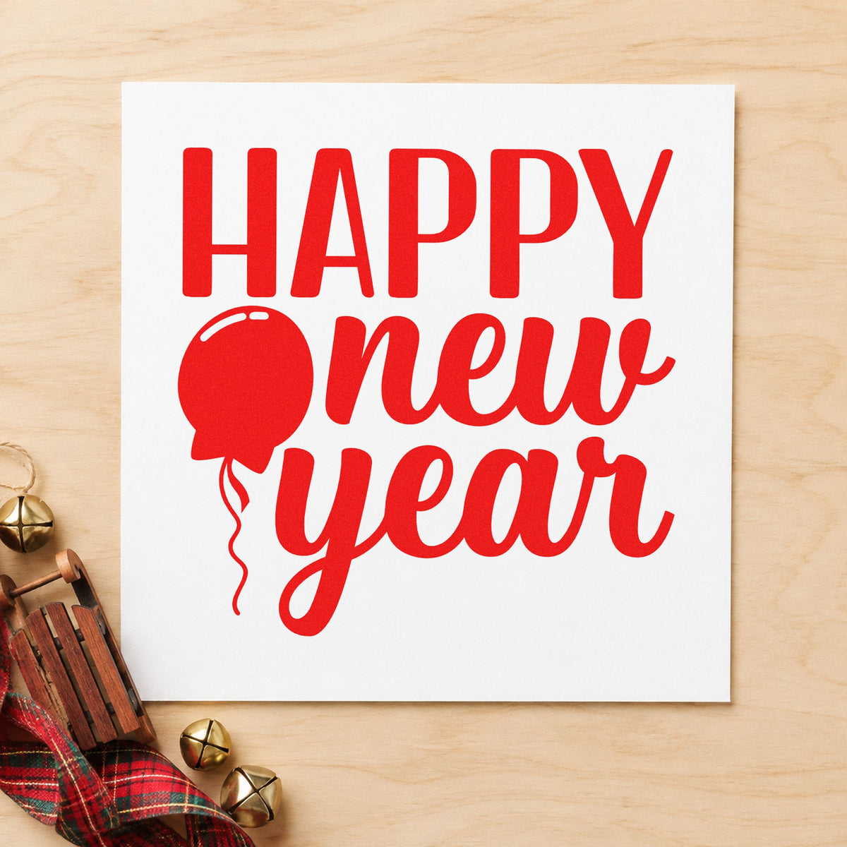 Happy New Year Balloon craft stamp in red ink on cardstock, an easy option for planner first pages.