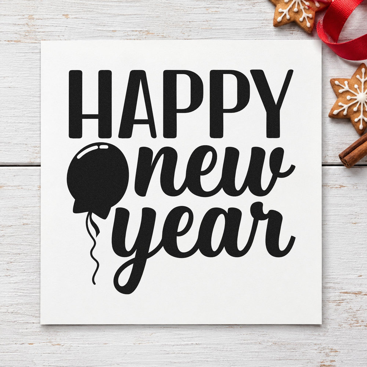 Happy New Year Balloon rubber stamp printed in black ink, ready for belated greeting cards and similar paper crafts.