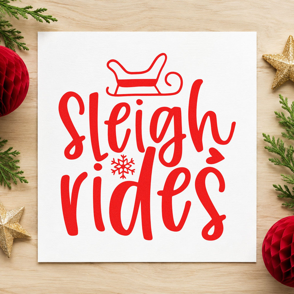 Sleigh Rides Winter Lettering rubber stamp shown in red ink, stamped for projects such as gear hook labels.