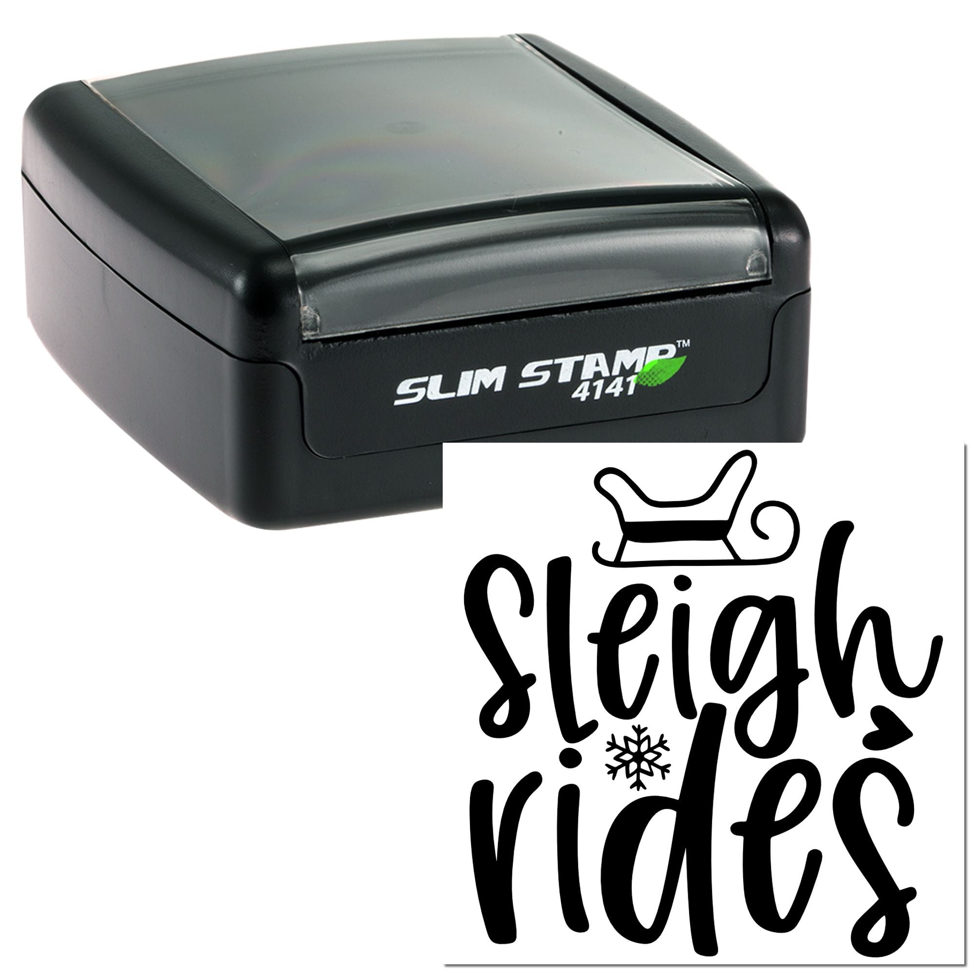 Slim Stamp 4141 self-inking rubber stamp with custom Sleigh rides holiday design and sleigh graphic sample imprint