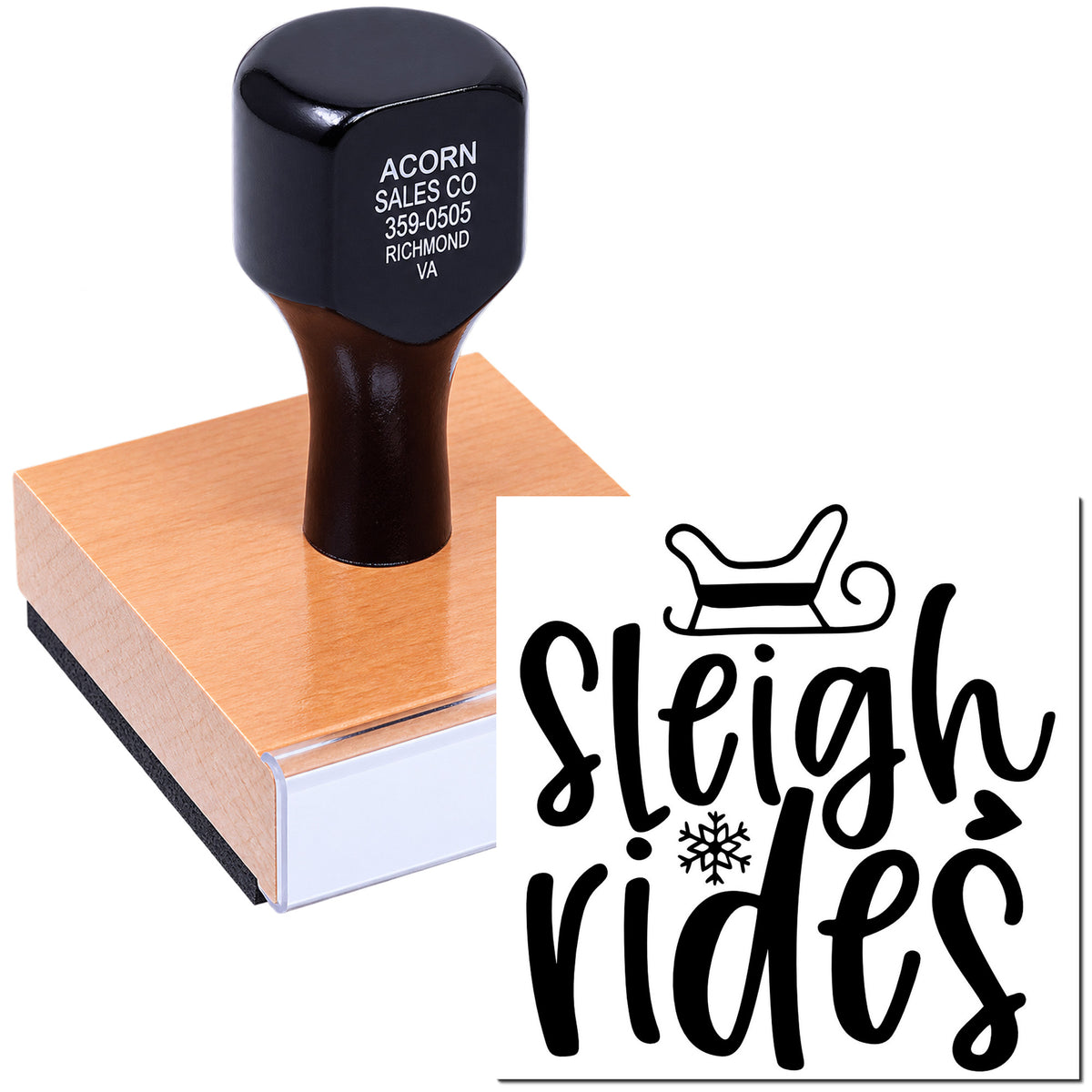 Custom rubber stamp with Sleigh Rides logo and business address for holiday promotions.