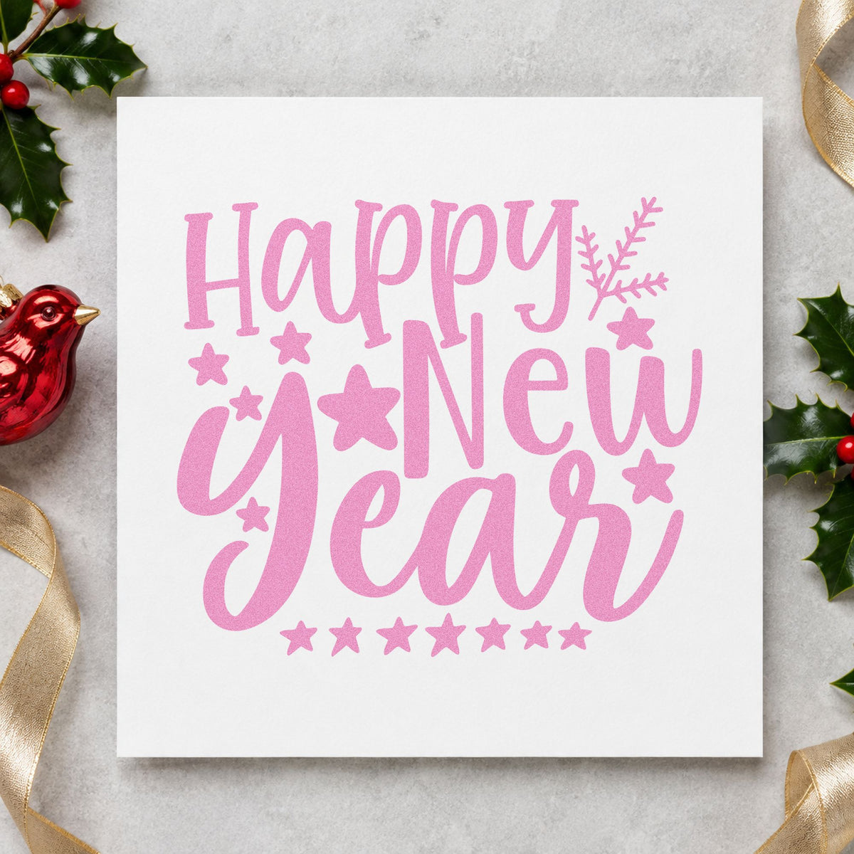 Happy New Year Stars craft stamp in purple ink on cardstock, an easy option for january album page.