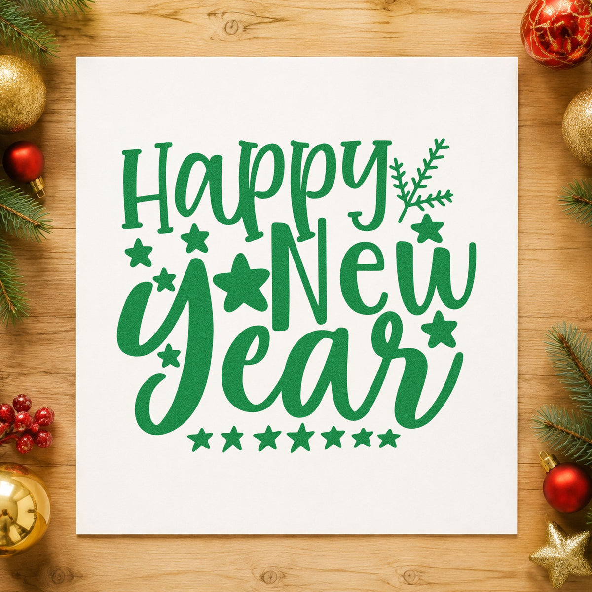 Happy New Year Stars craft stamp imprint in green ink on a handmade project, one idea being calendar gift tags.
