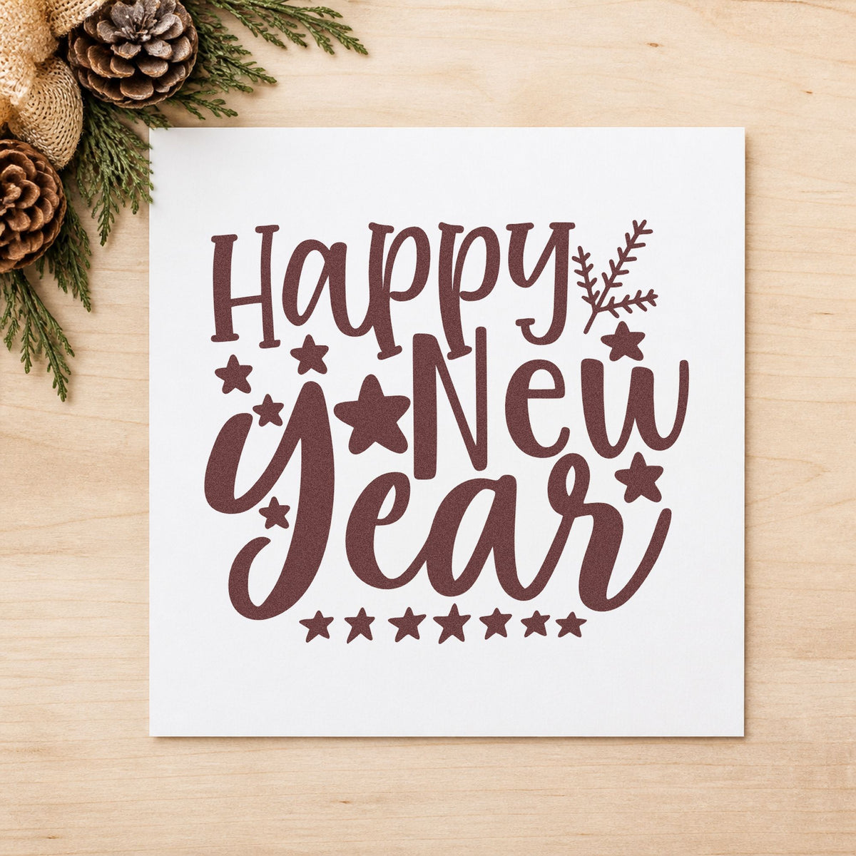 Happy New Year Stars rubber stamp printed in brown ink, ready for goal setting sheet and similar paper crafts.