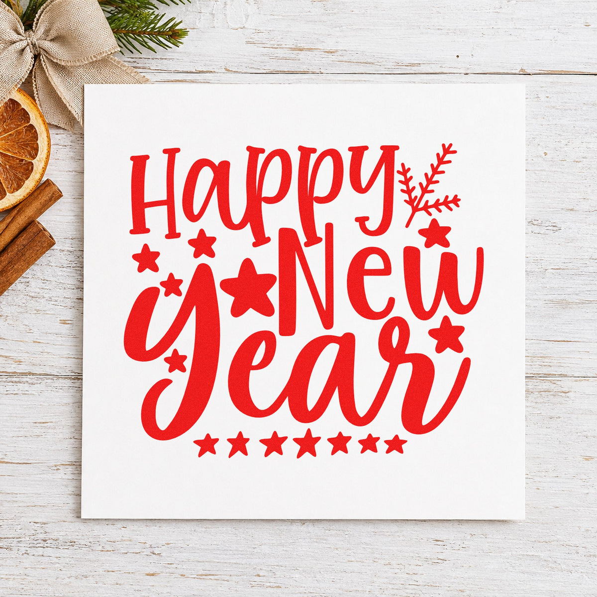 Happy New Year Stars craft stamp in red ink on cardstock, an easy option for napkin star printing.