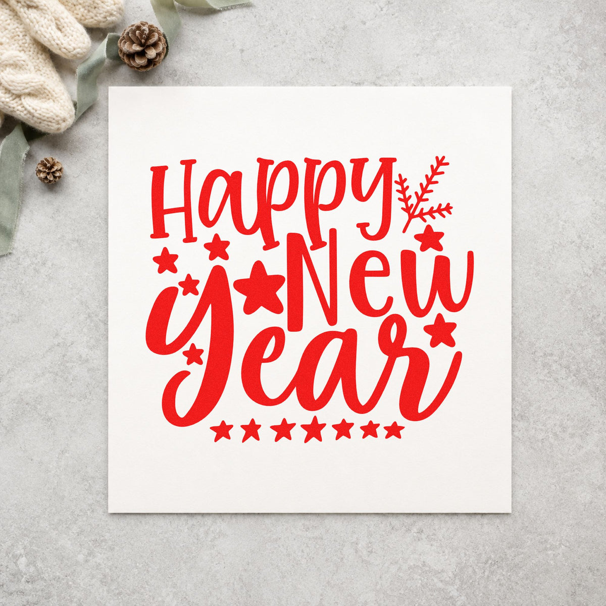 Happy New Year Stars rubber stamp shown in red ink, stamped for projects such as file year labels.