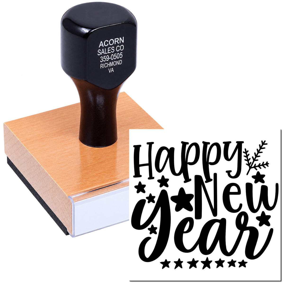 Happy New Year rubber stamp with decorative lettering, shown on a wooden stamp block for holiday card making.