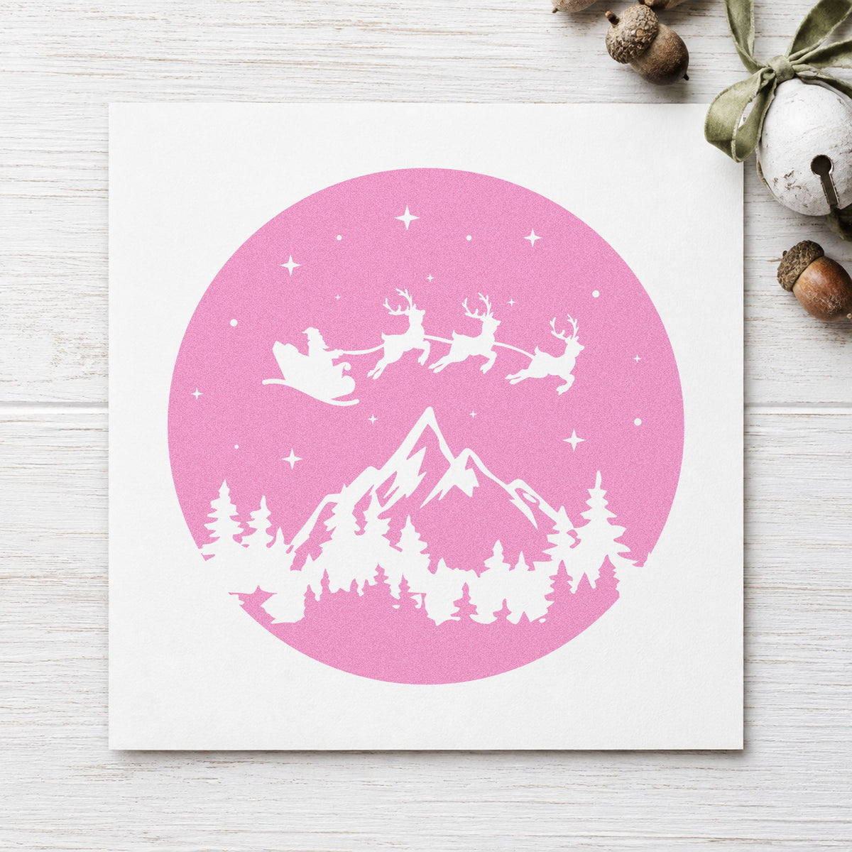 Santa Sleigh Mountain Night craft stamp in purple ink on cardstock, an easy option for night scene album.