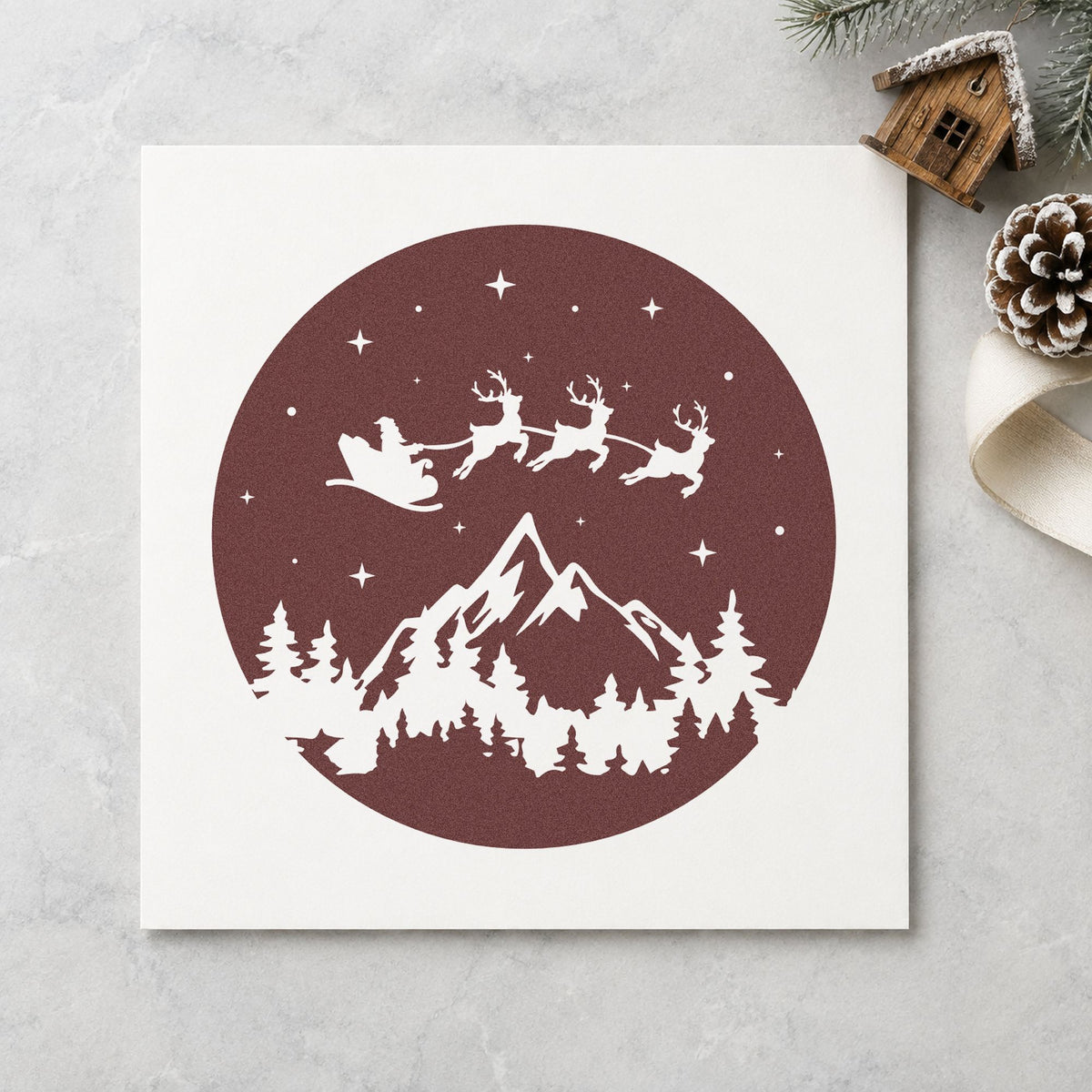 Santa Sleigh Mountain Night rubber stamp printed in brown ink, ready for star log sheet and similar paper crafts.