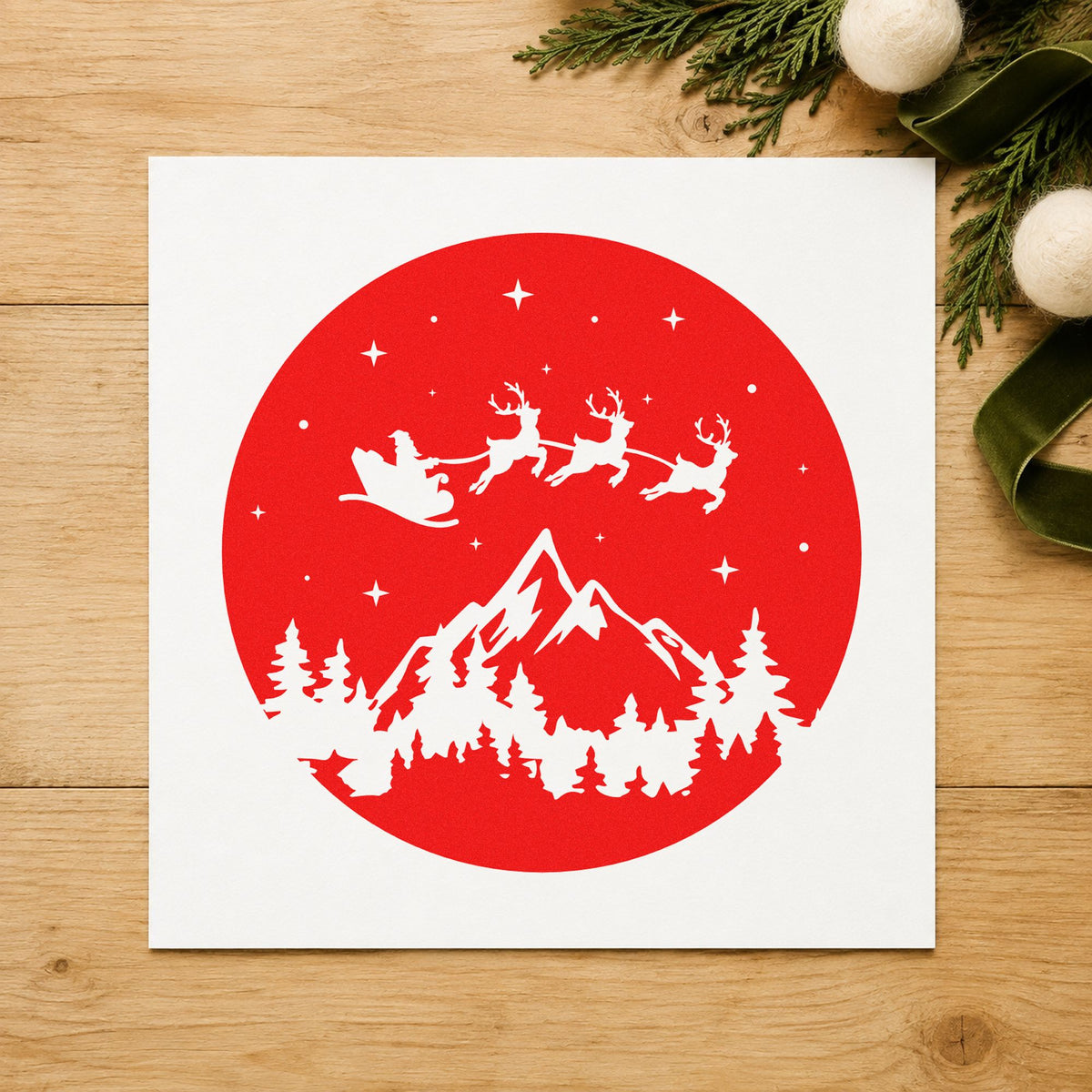 Santa Sleigh Mountain Night craft stamp in red ink on cardstock, an easy option for patch round printing.