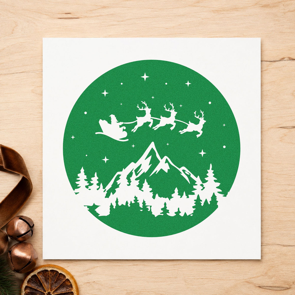 Santa Sleigh Mountain Night craft stamp imprinted in green ink on paper, a design suited to framed porthole mat.