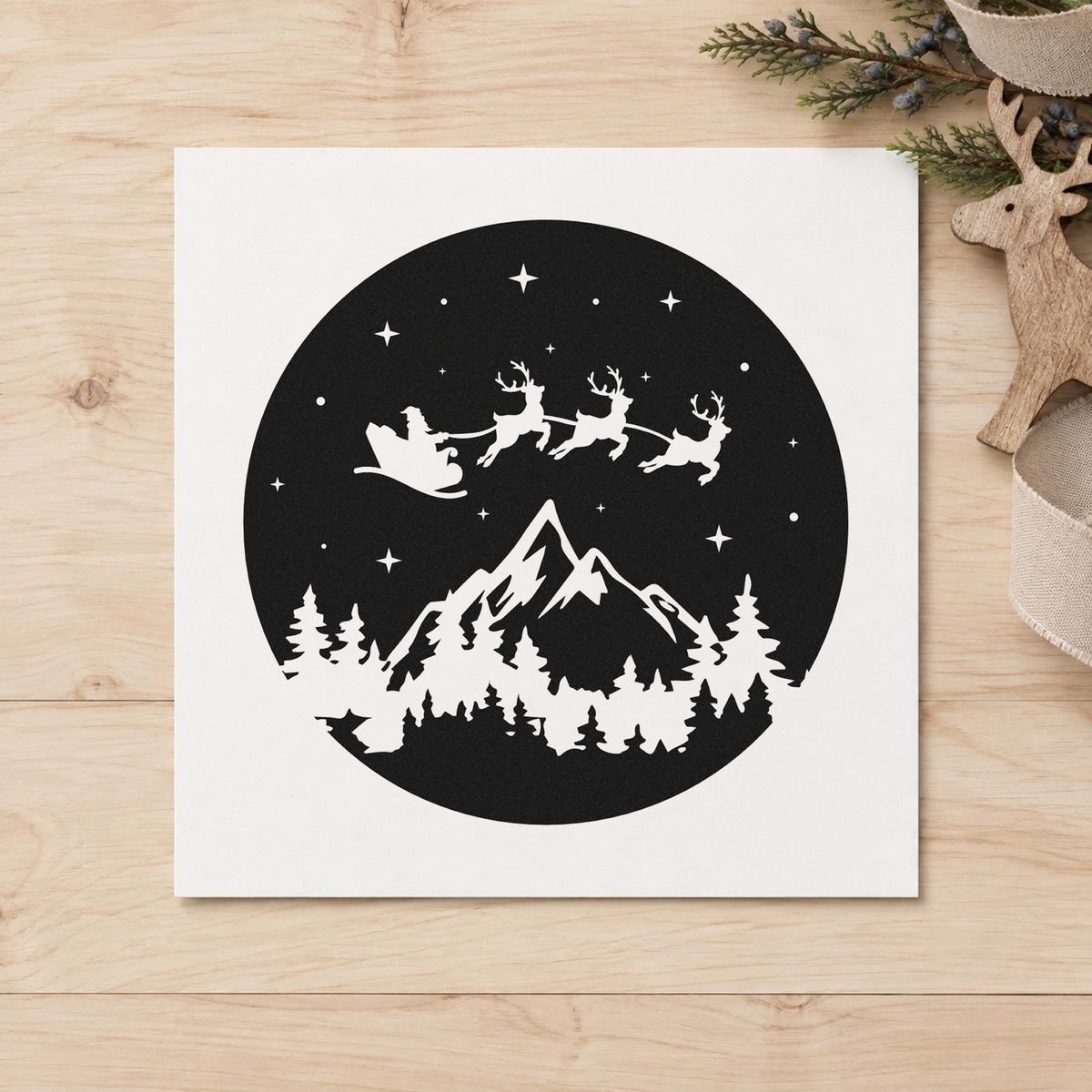 Santa Sleigh Mountain Night rubber stamp printed in black ink, ready for starry circle cards and similar paper crafts.