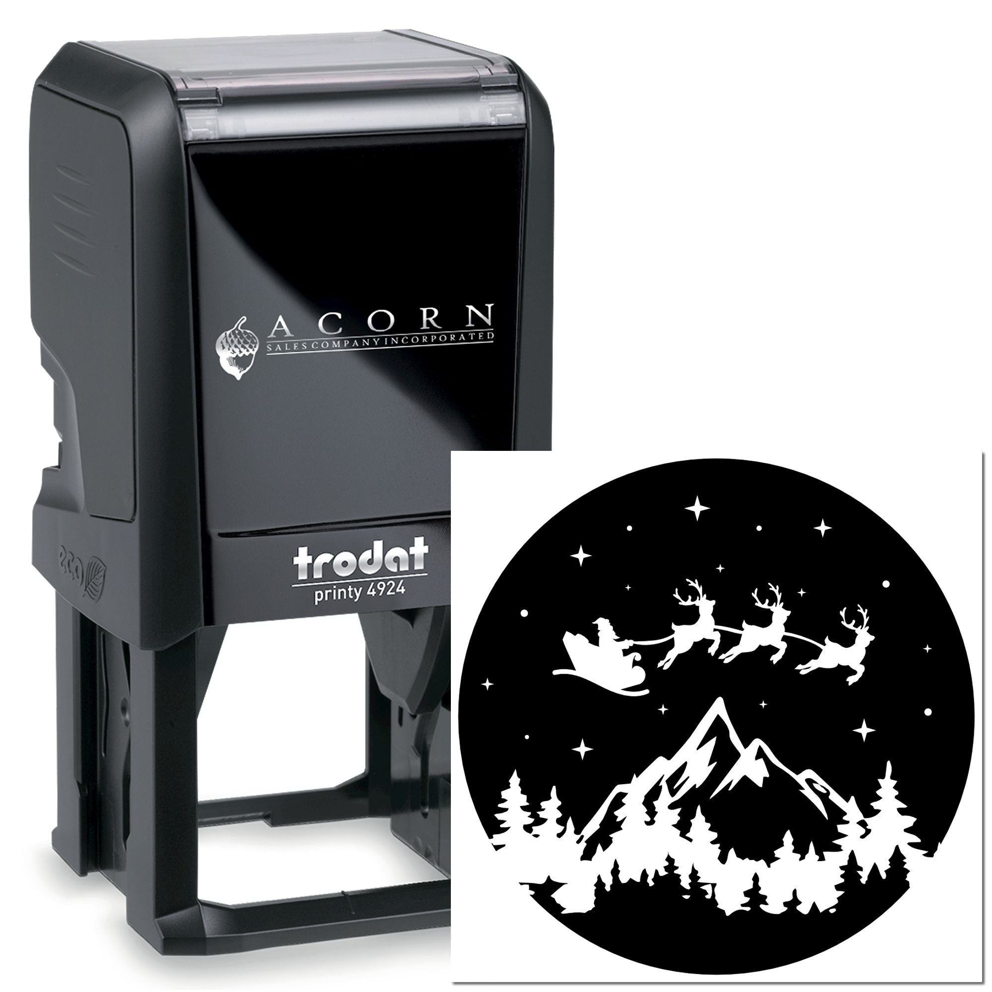 Trodat Printy 4924 self-inking rubber stamp with custom Santa sleigh winter scene imprint for holiday branding and packaging.