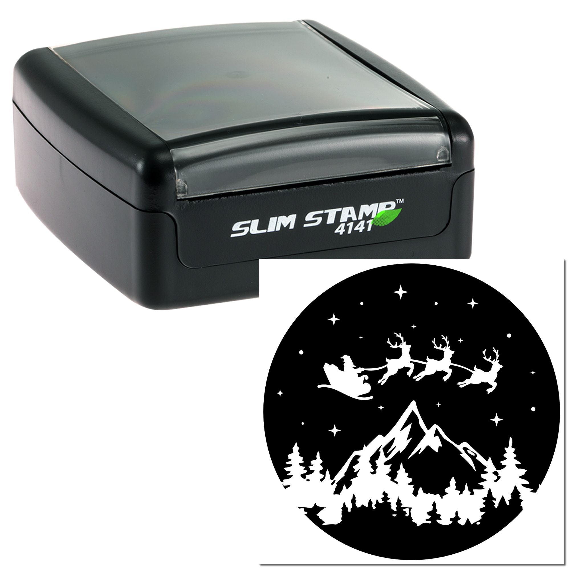 Slim Stamp 4141 self-inking rubber stamp with custom Santa sleigh, mountain and pine tree holiday design