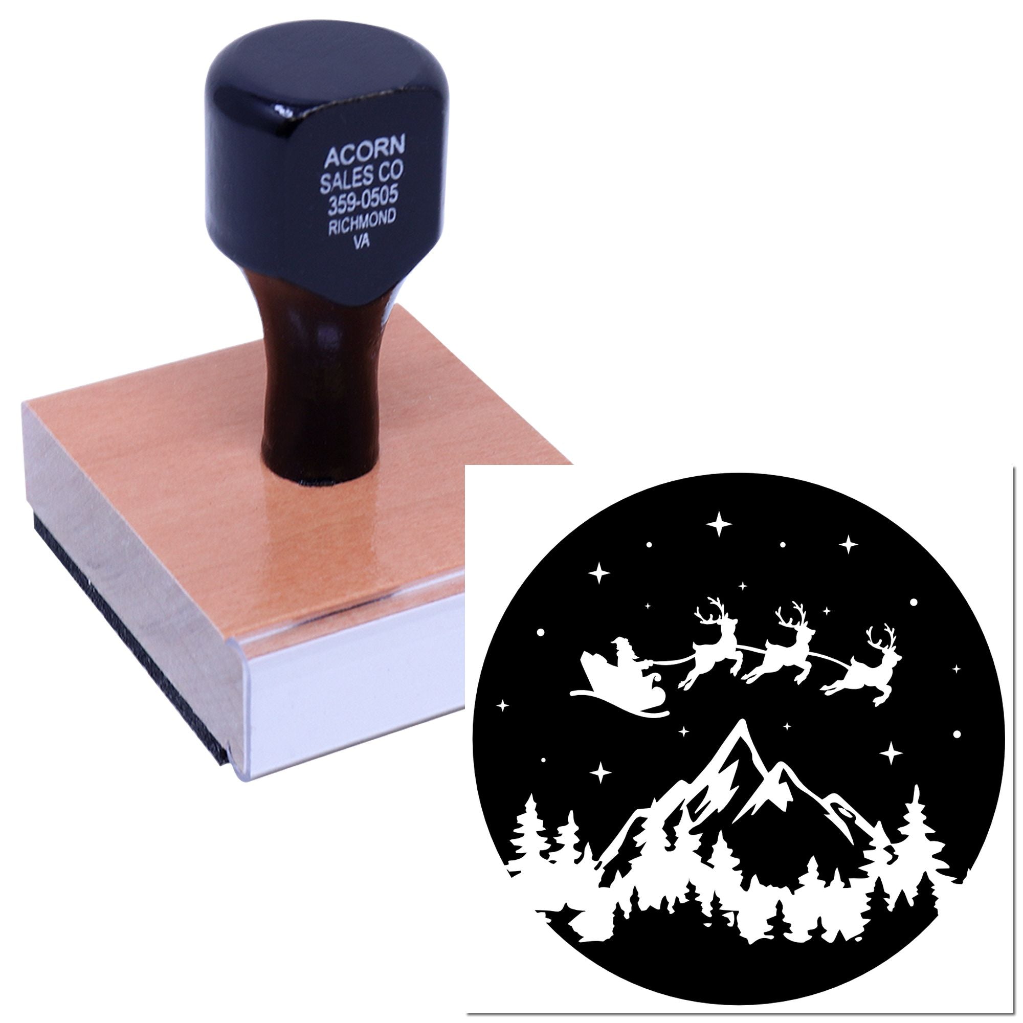 Custom rubber stamp featuring Santa sleigh, reindeer, mountains and pine trees for holiday cards, crafts and branding.