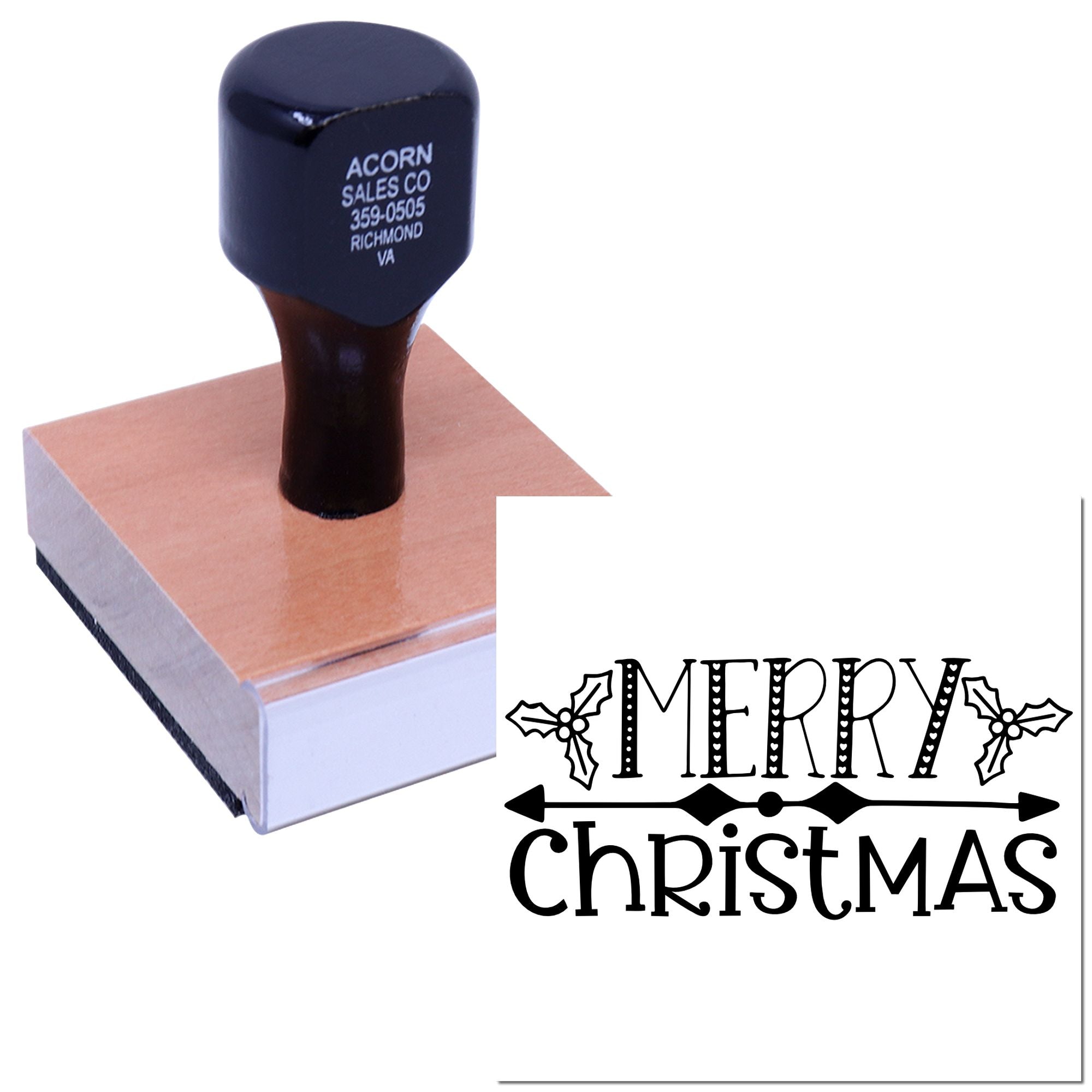 Custom Merry Christmas rubber stamp with decorative holly design for holiday cards, crafts, and festive gift packaging