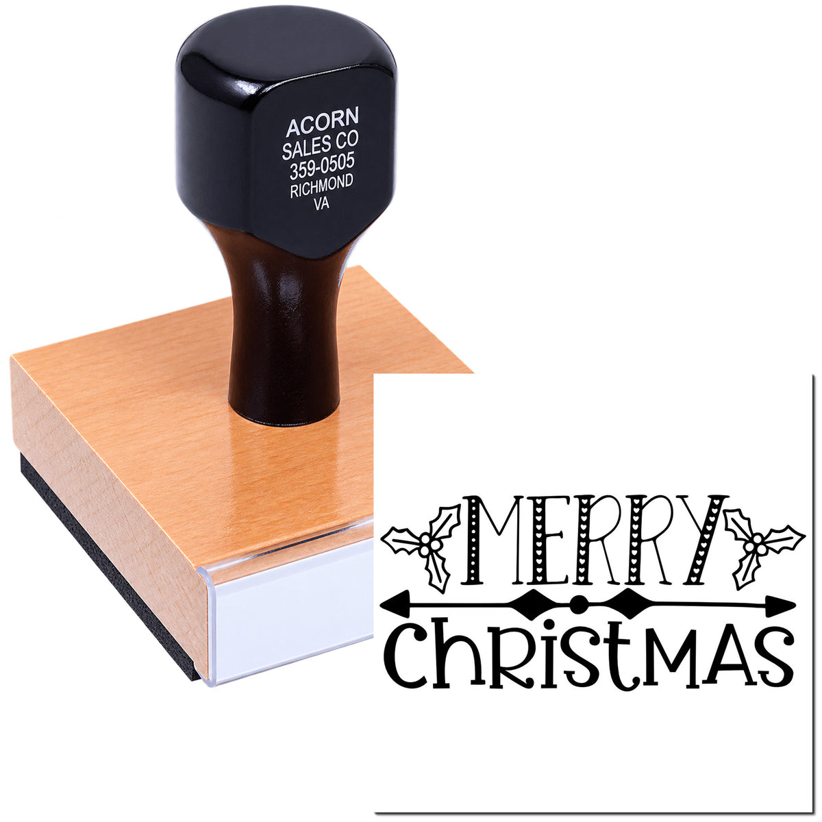 Custom Merry Christmas rubber stamp with decorative holly design for holiday cards, crafts, and festive gift packaging