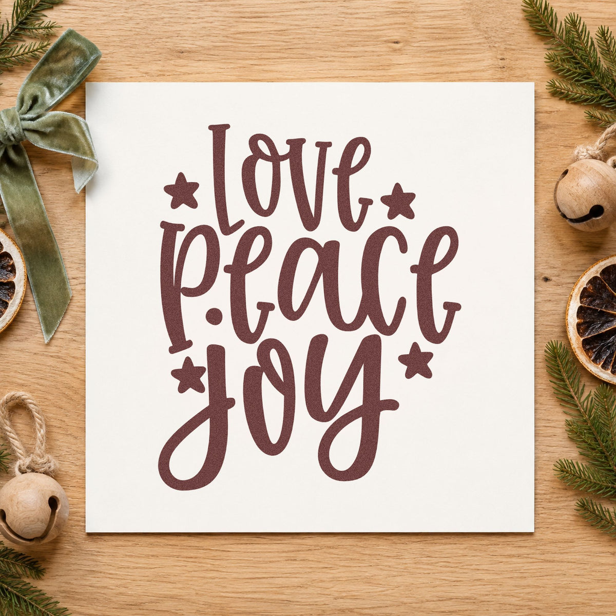 Love Peace Joy Stars rubber stamp printed in brown ink, ready for priority list sheet and similar paper crafts.