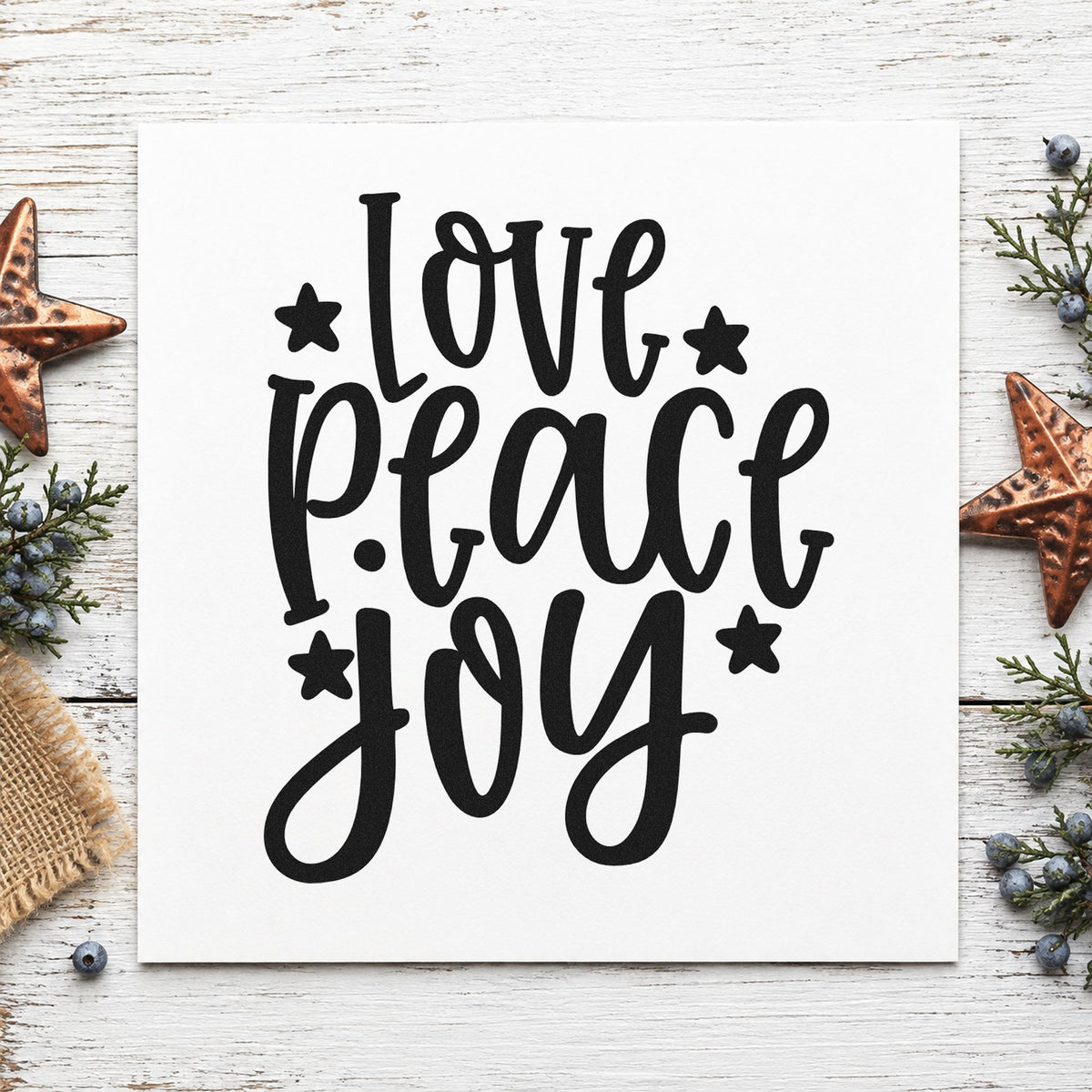 Love Peace Joy Stars rubber stamp printed in black ink, ready for vertical three cards and similar paper crafts.