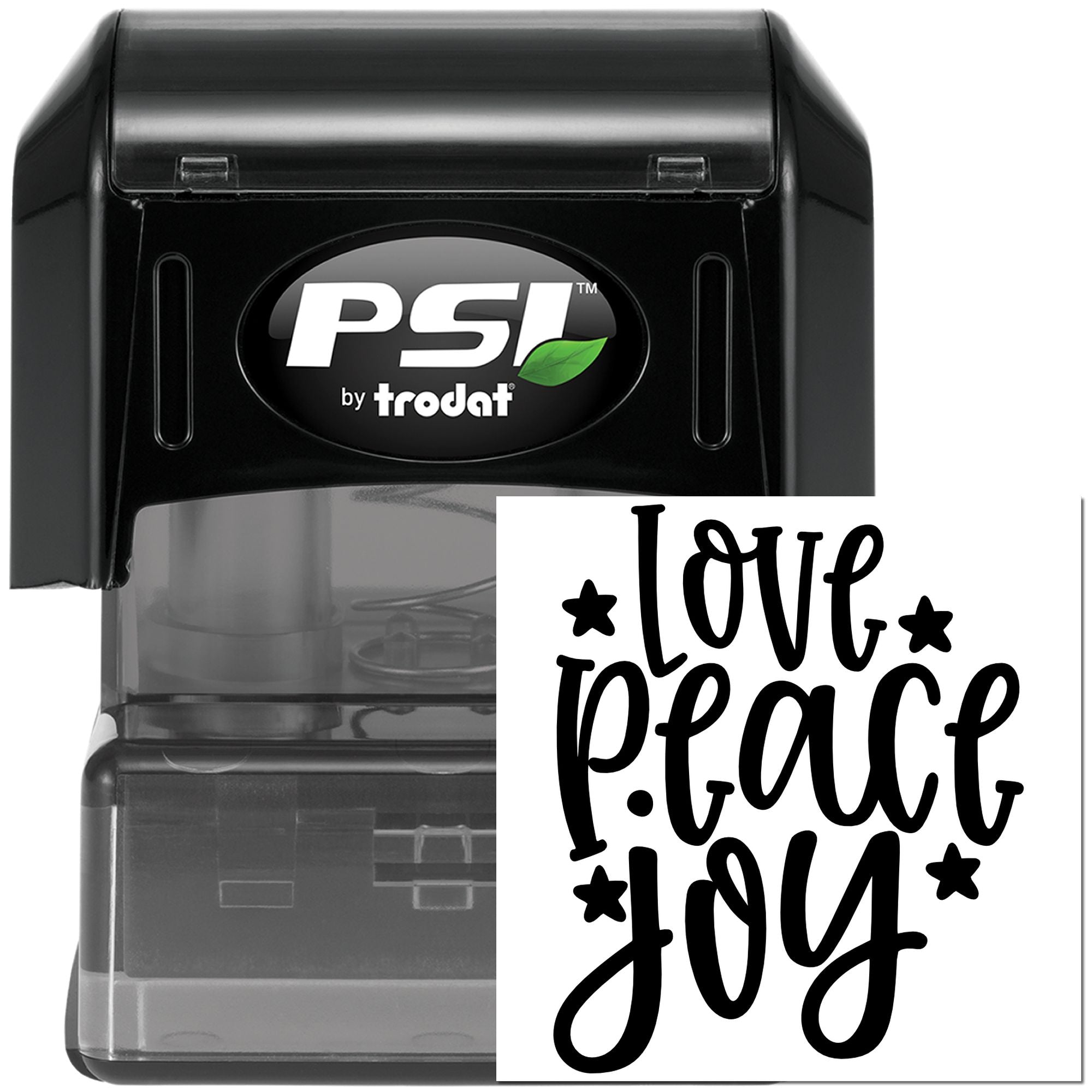 PSI by Trodat self-inking rubber stamp with Love Peace Joy design for crafts, cards, and scrapbooking.
