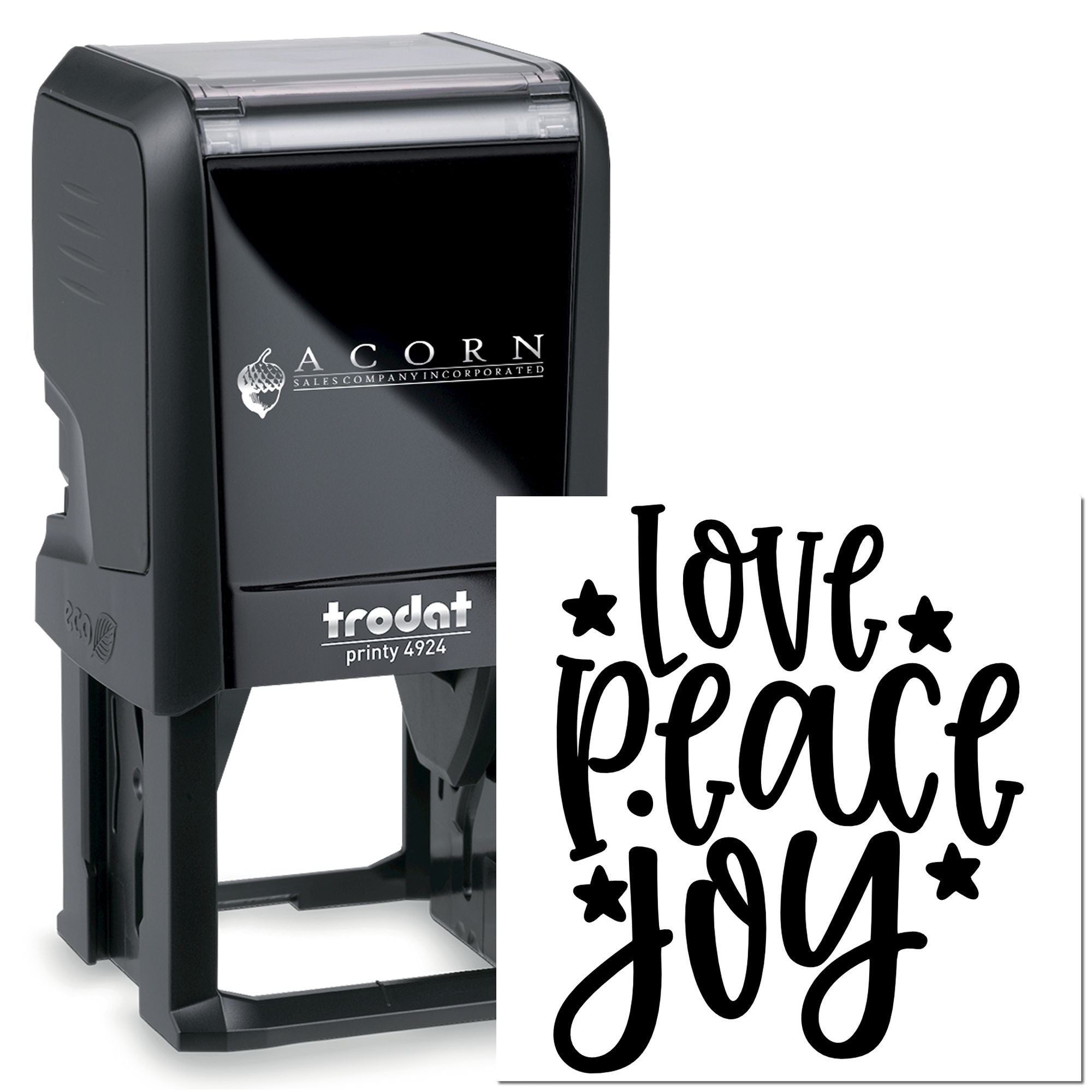 Custom self-inking rubber stamp with Love Peace Joy design, featuring stars, shown on a Trodat Printy 4924 stamp.