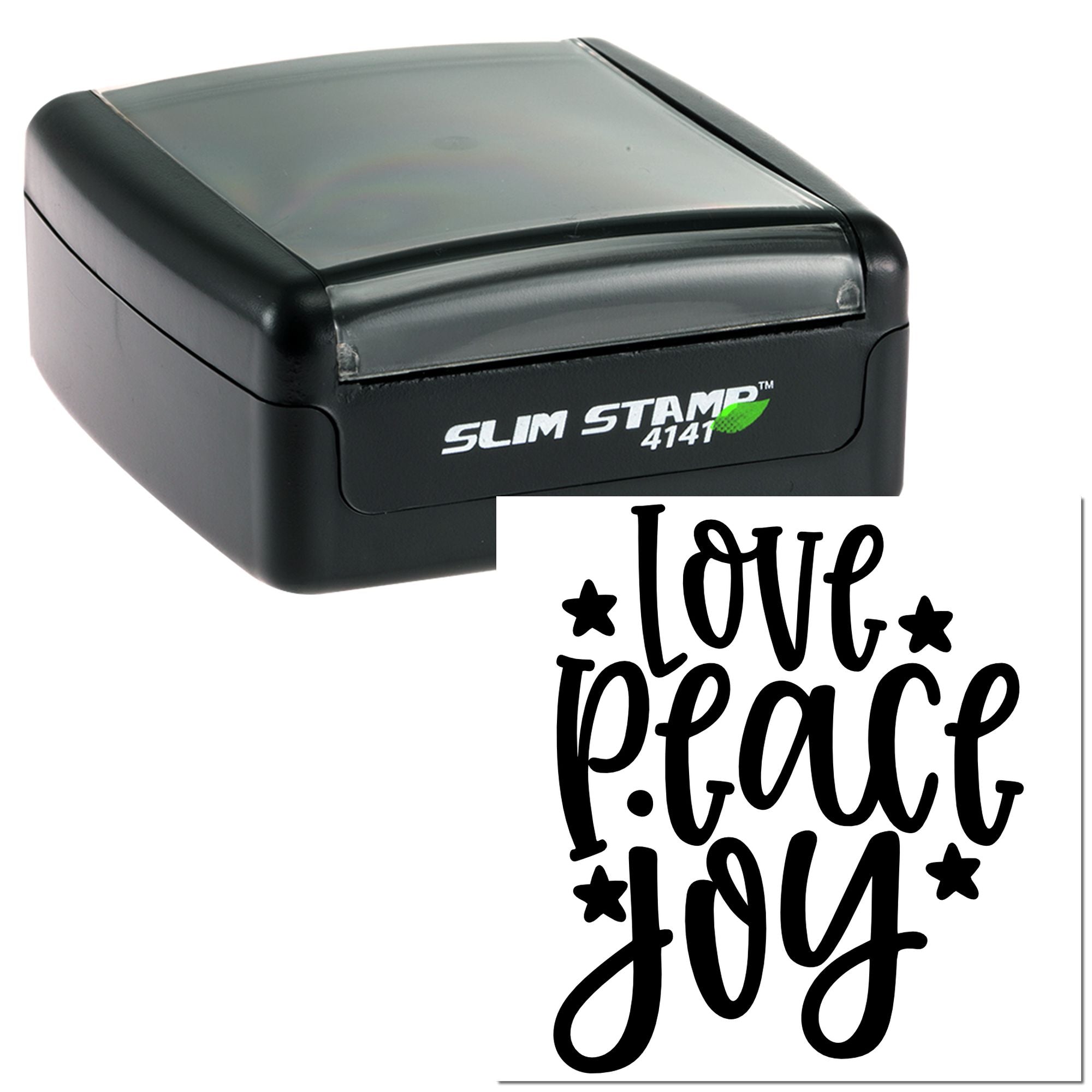 Self-inking rubber stamp with Love Peace Joy design, ideal for crafting, card making, and DIY paper projects.