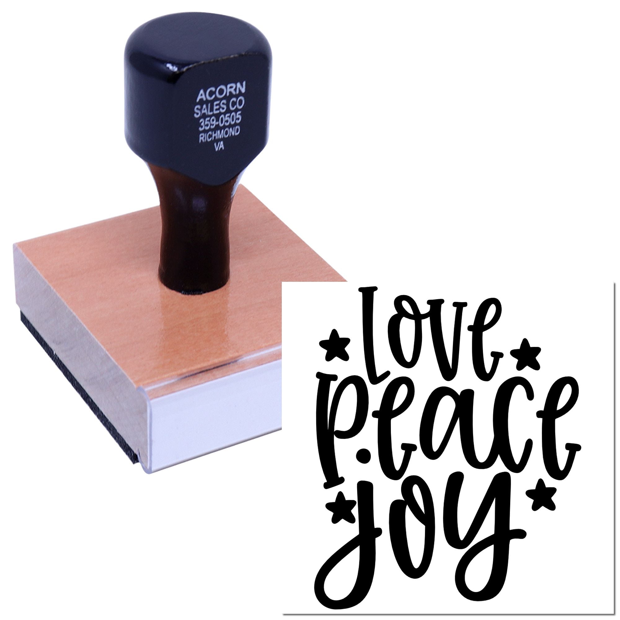 Custom rubber stamp with love peace joy design on wood block for handmade cards, crafts, and personalized stamping.