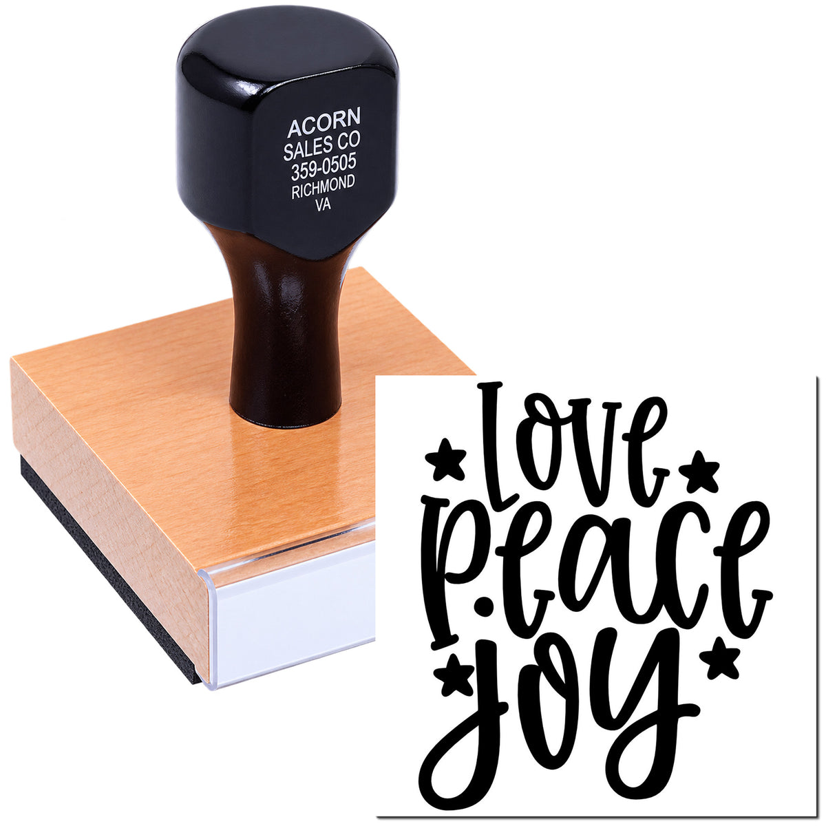 Custom rubber stamp with love peace joy design on wood block for handmade cards, crafts, and personalized stamping.