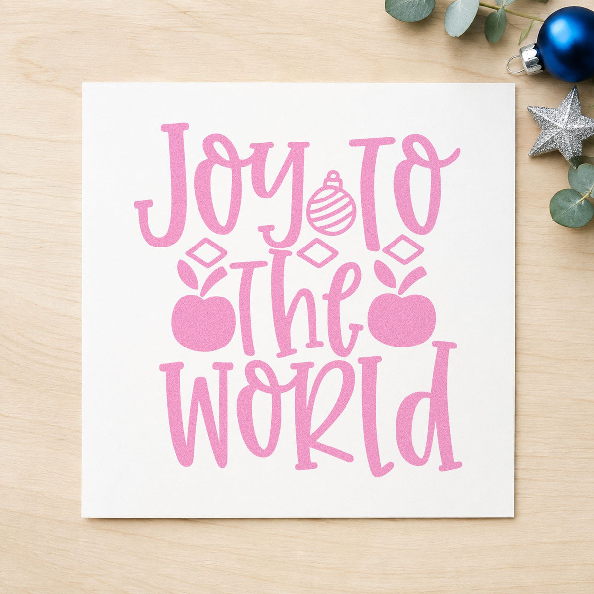 Joy To The World Ornaments craft stamp in purple ink on cardstock, an easy option for tree detail album.
