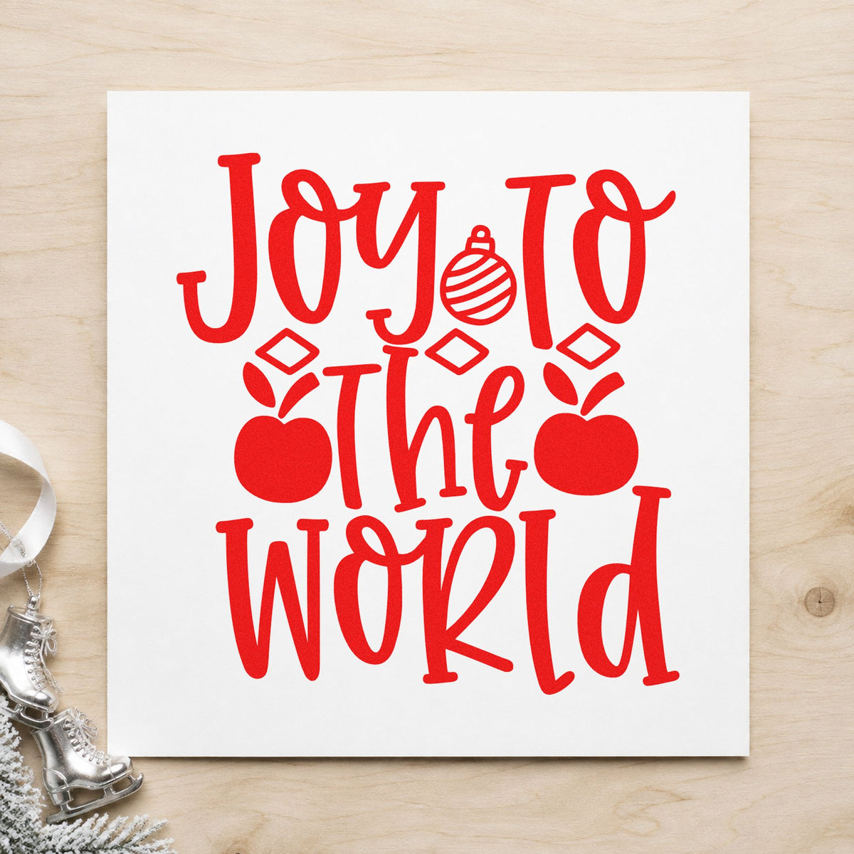 Joy To The World Ornaments rubber stamp shown in red ink, stamped for projects such as box divider labels.