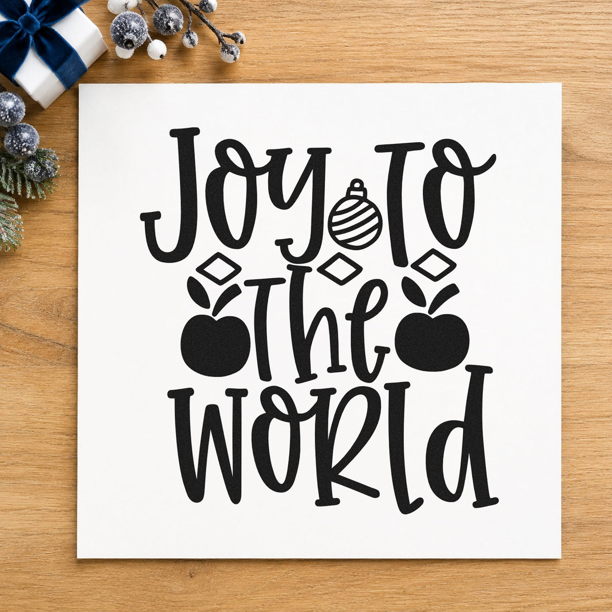 Joy To The World Ornaments rubber stamp printed in black ink, ready for hanging ornaments cards and similar paper crafts.