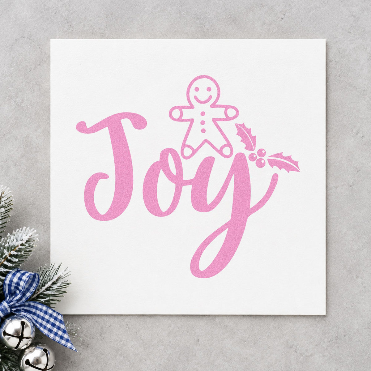 Joy Gingerbread Holly Lettering craft stamp in purple ink on cardstock, an easy option for baking album page.
