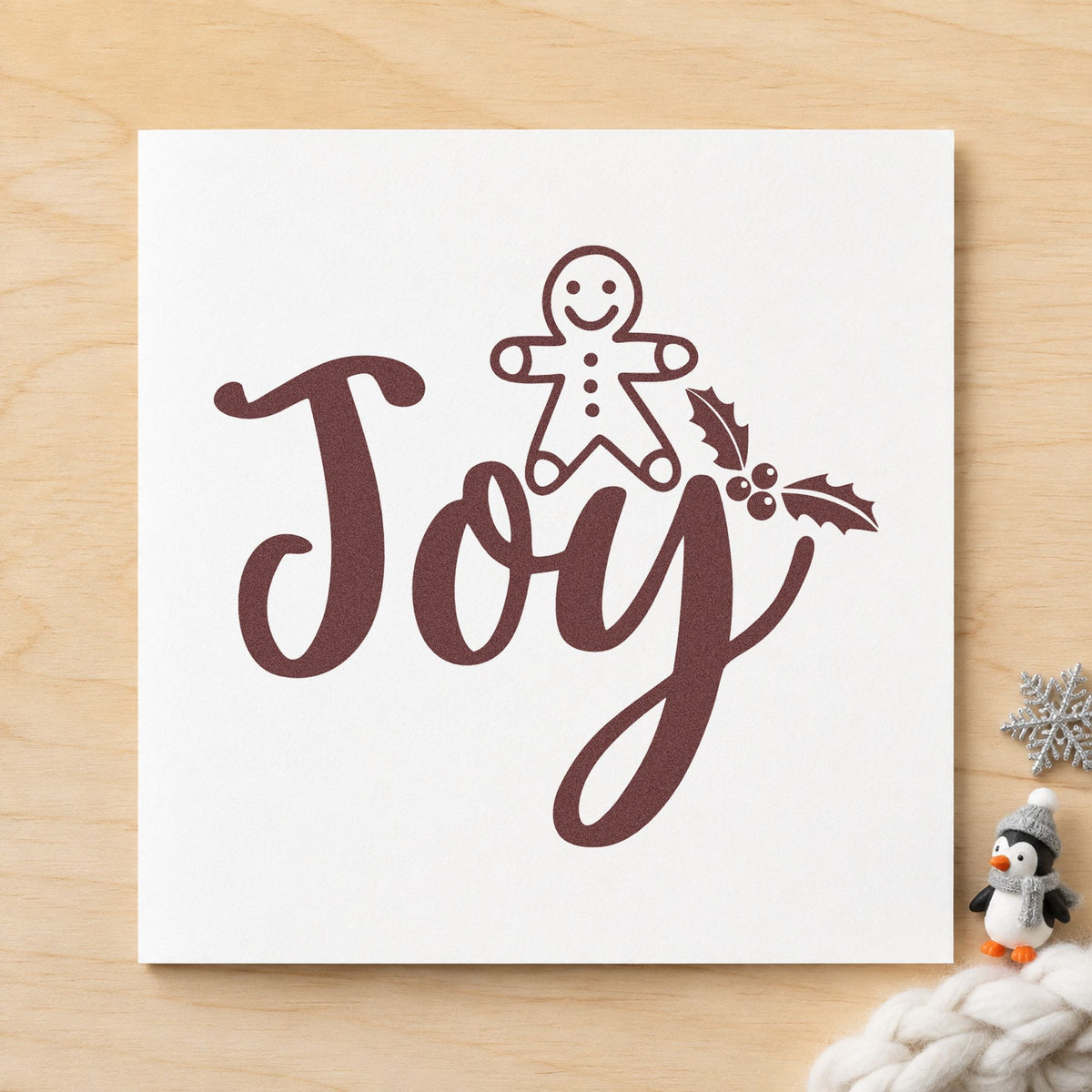 Joy Gingerbread Holly Lettering rubber stamp printed in brown ink, ready for spice blend sheet and similar paper crafts.